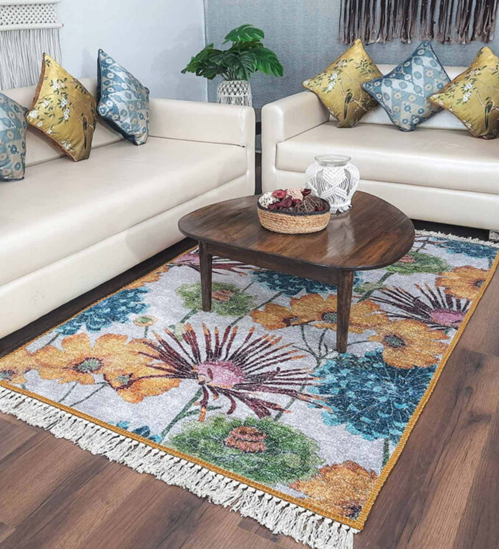 Yellow & Blue Faux Silk Floral 3 x 5 Feet Hand Woven Carpet -Avioni Collection