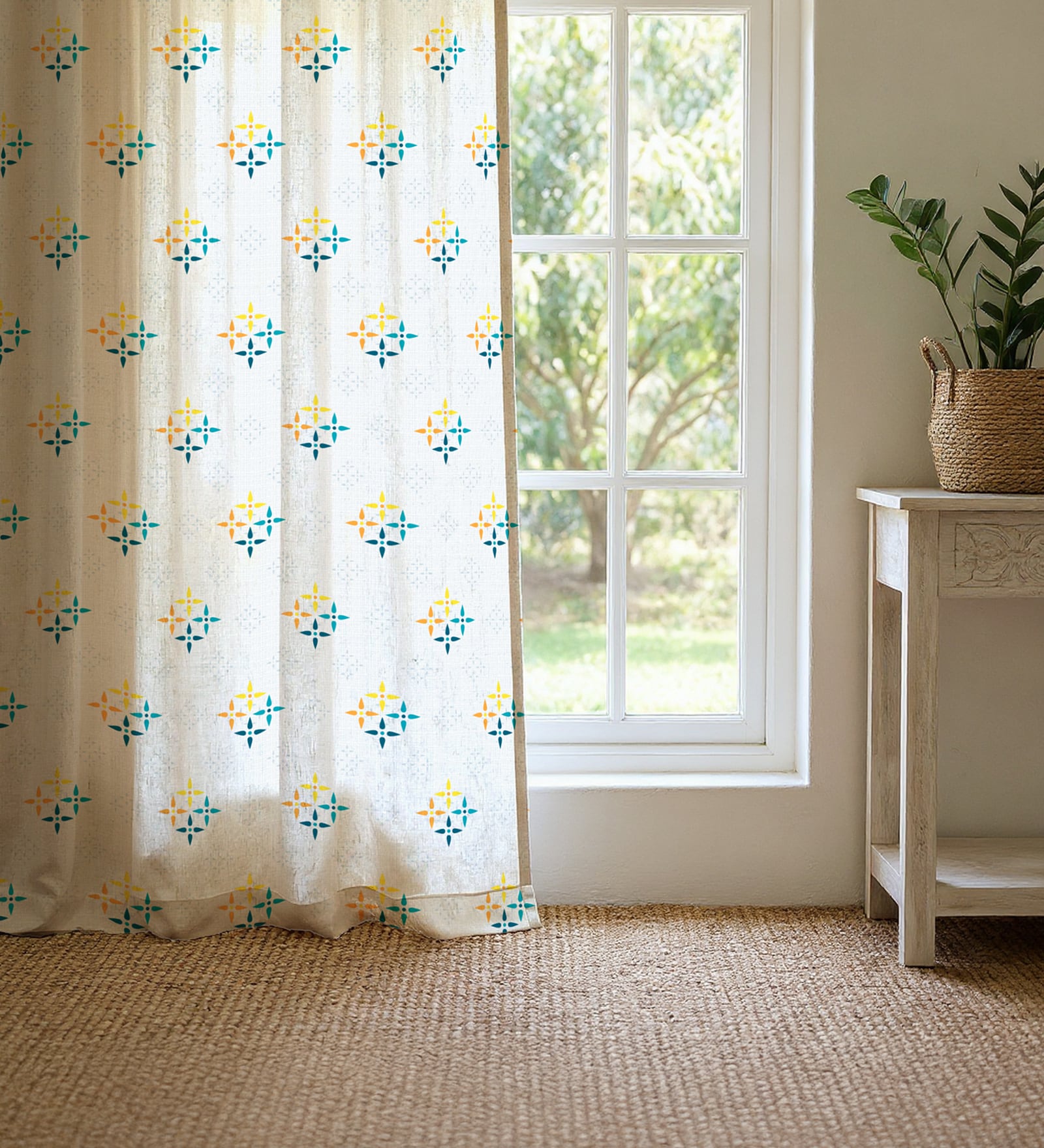 Yellow Cotton Floral 7 Ft Eyelet Door Curtains (Set Of 2)