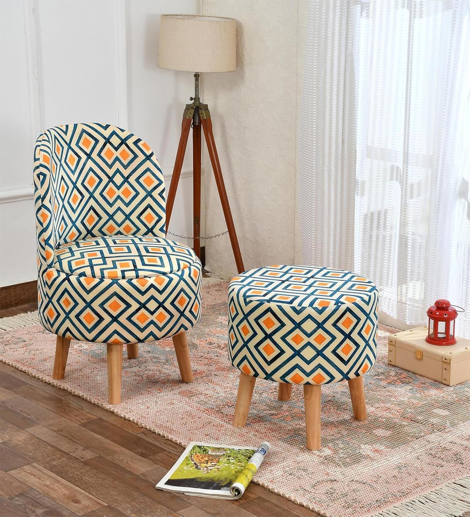 Yellow & Blue Tartan Textured Chair & Stool