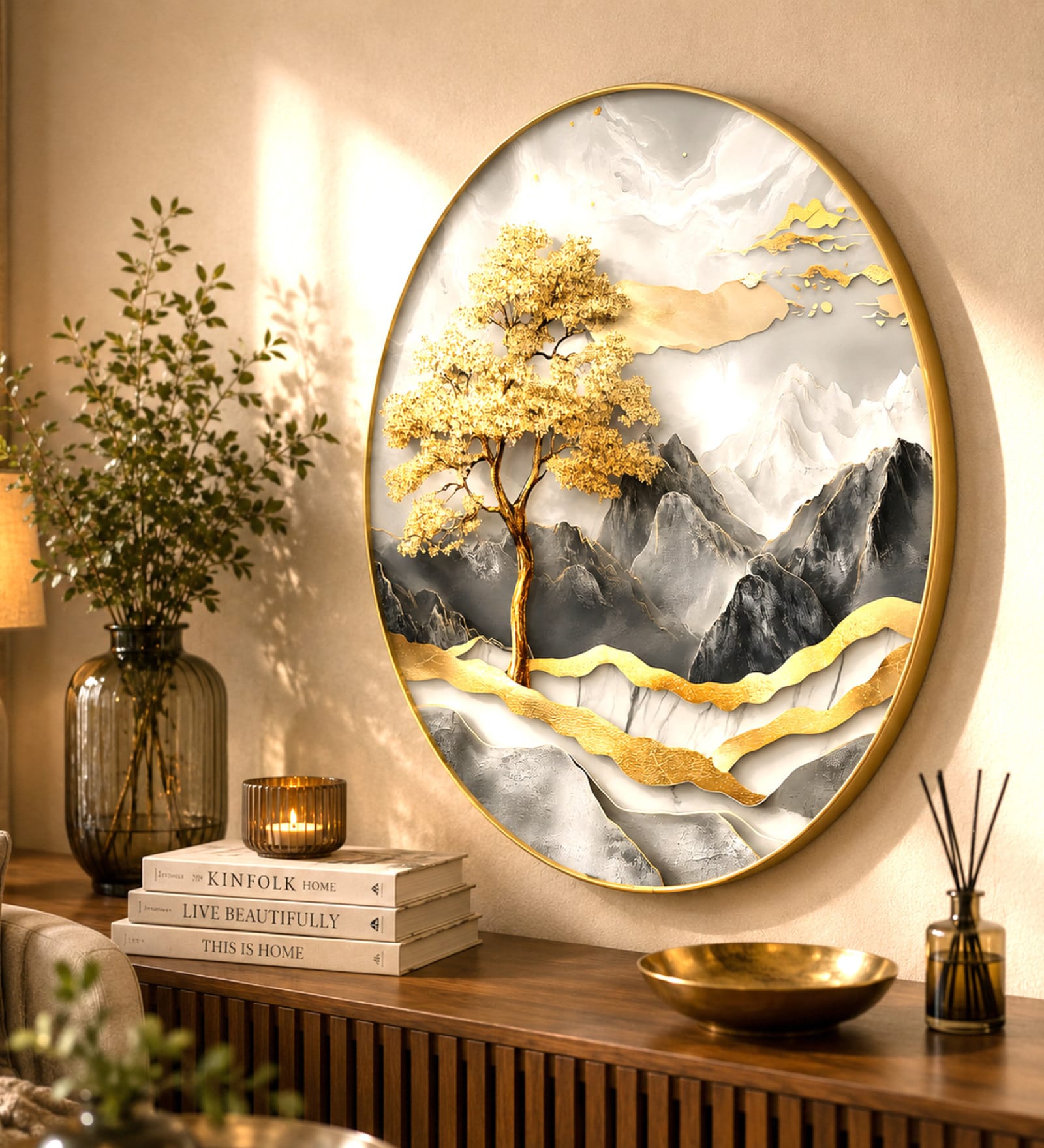 Yellow & Gold Abstract Round Wall Art 15 Inch