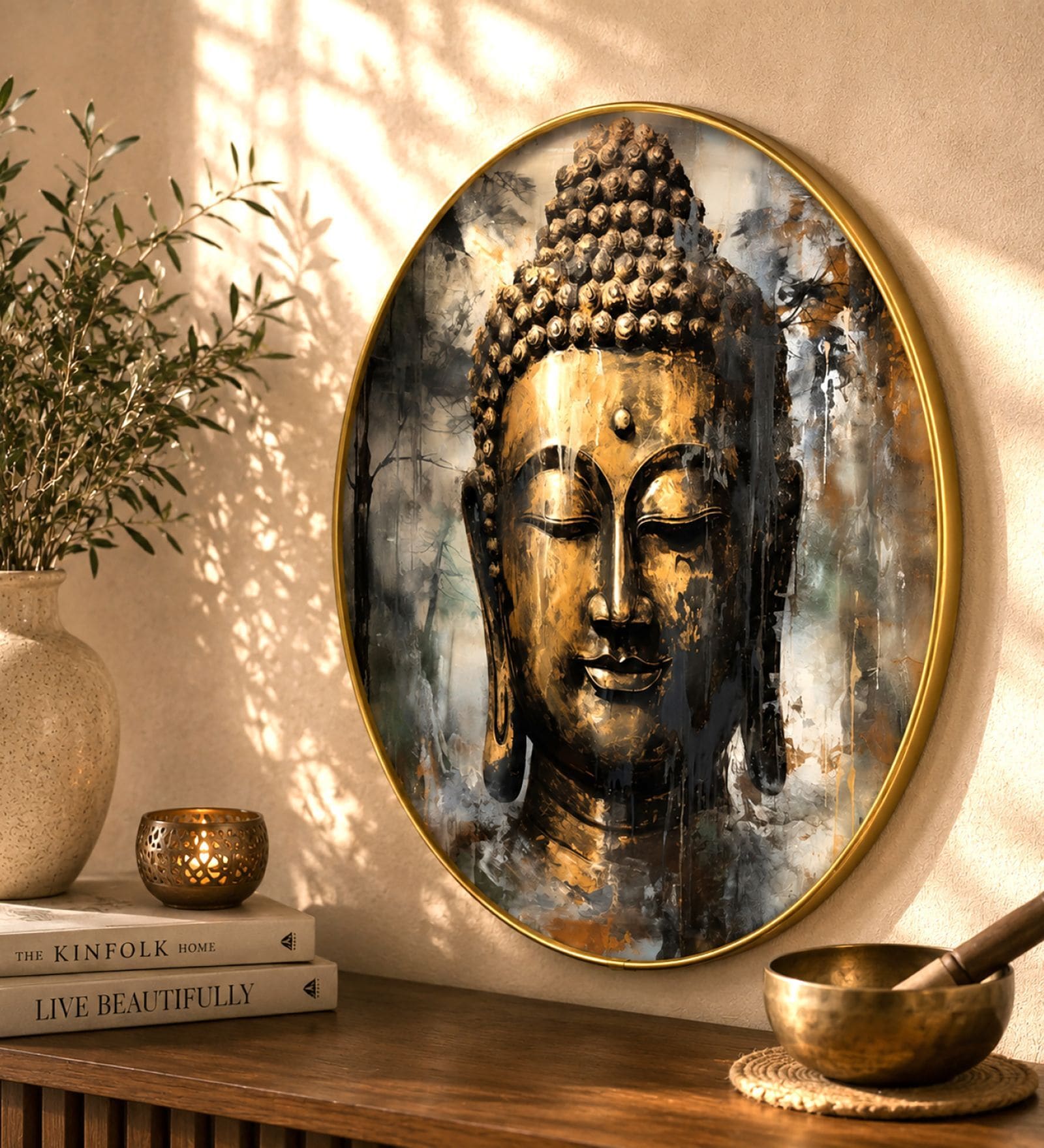 Yellow & Gold Buddha Round Wall Art 15 Inch