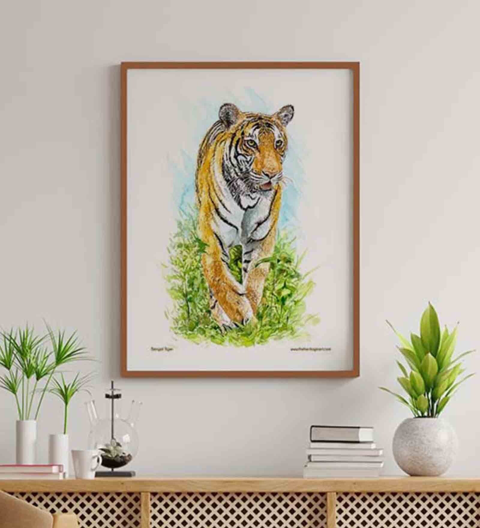 Buy Royal Bengal Tiger Yellow & Green Landscape Framed Digital Art