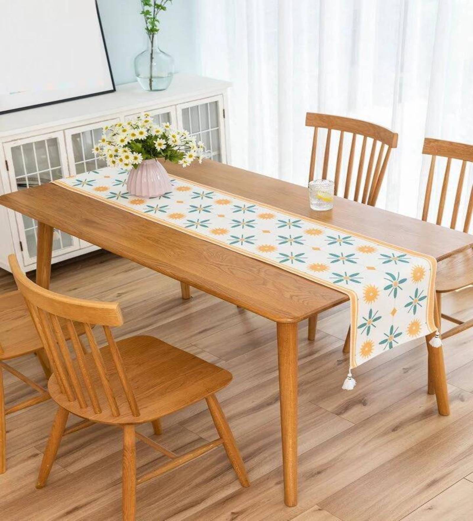 Yellow & Green Floral Woven Cotton Table Runner with Tassels