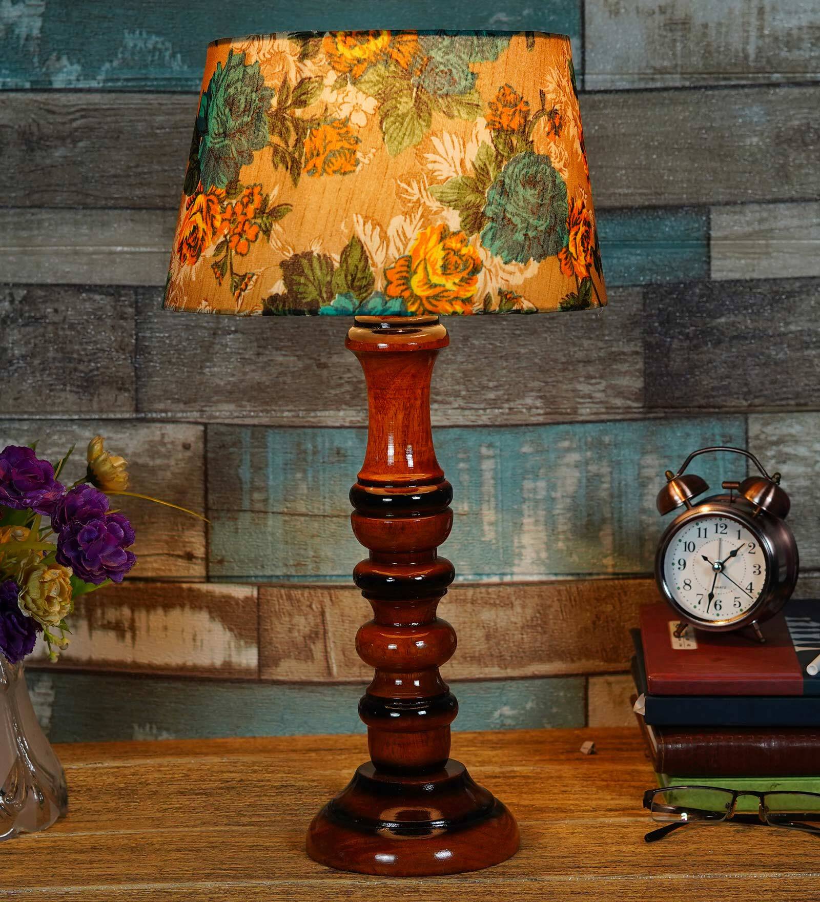 Mace Yellow & Green Fabric Shade Night Lamp With Wood Base