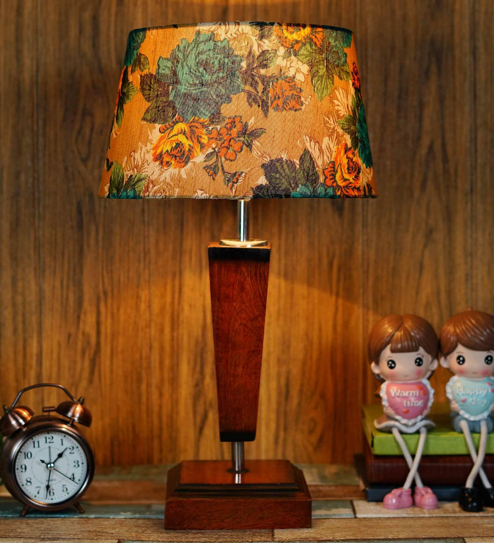 Rimini Yellow & Green Fabric Shade Night Lamp With Wood Base