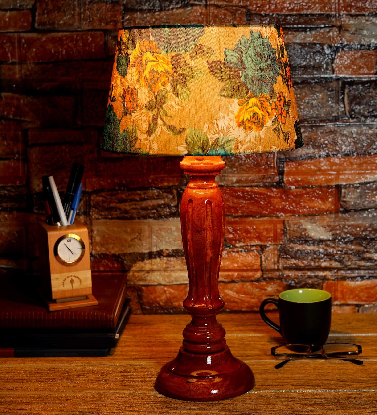 Ryan Yellow & Green Fabric Shade Night Lamp With Wood Base