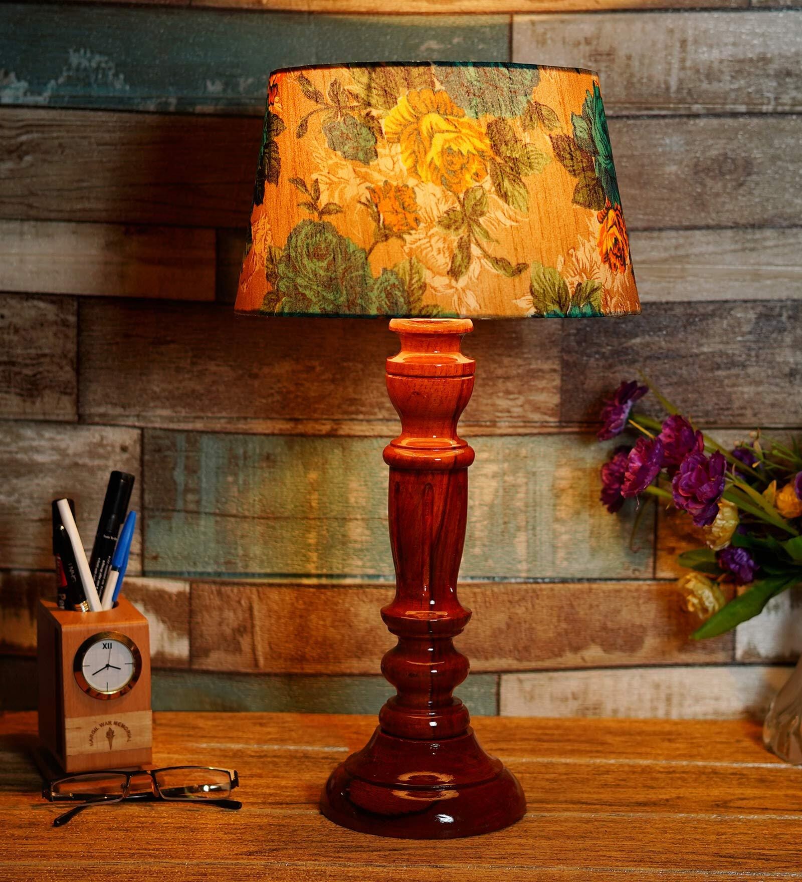 Shiny Yellow & Green Fabric Shade Night Lamp With Wood Base