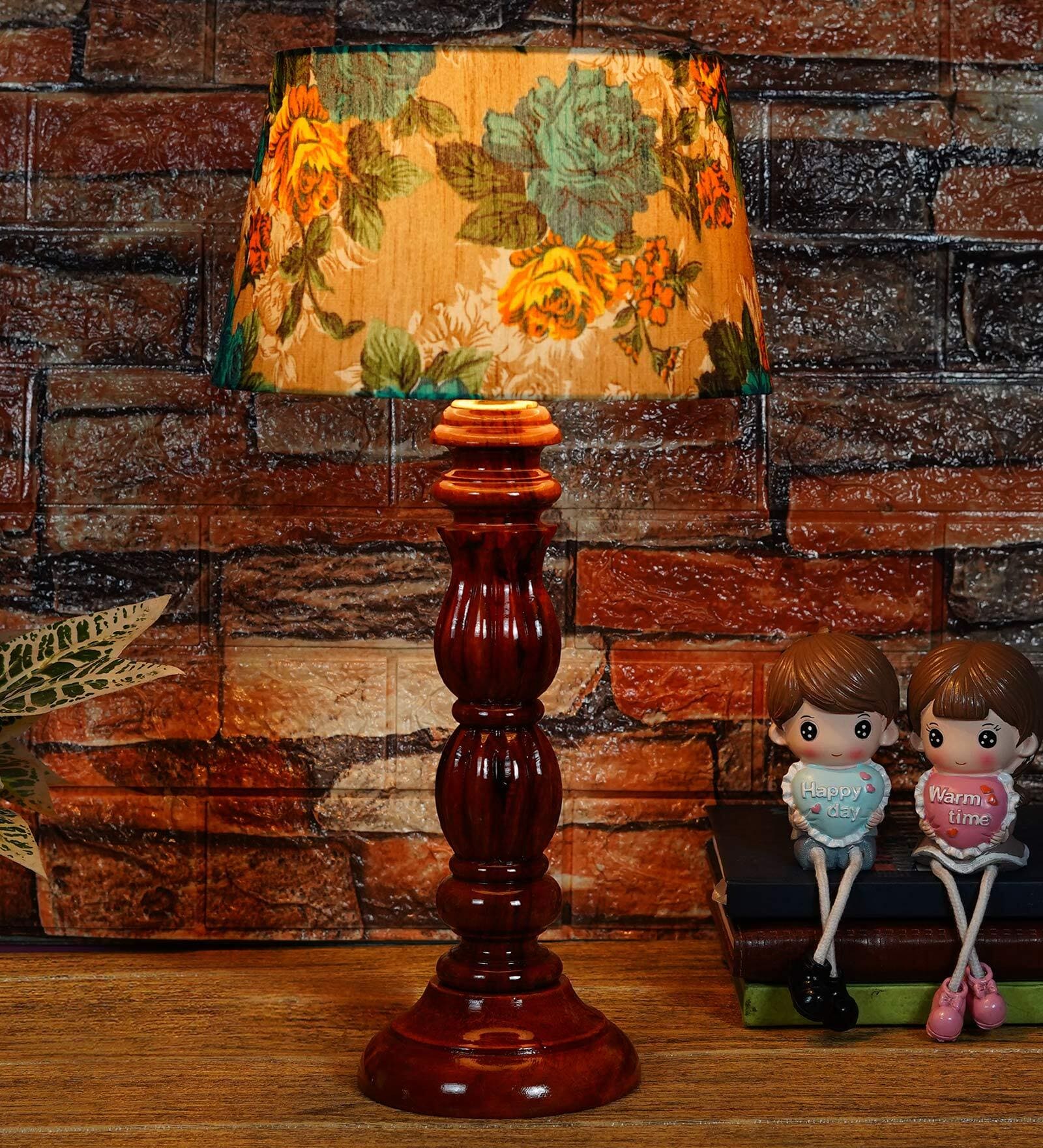 Marsden Yellow & Green Fabric Shade Night Lamp With Wood Base