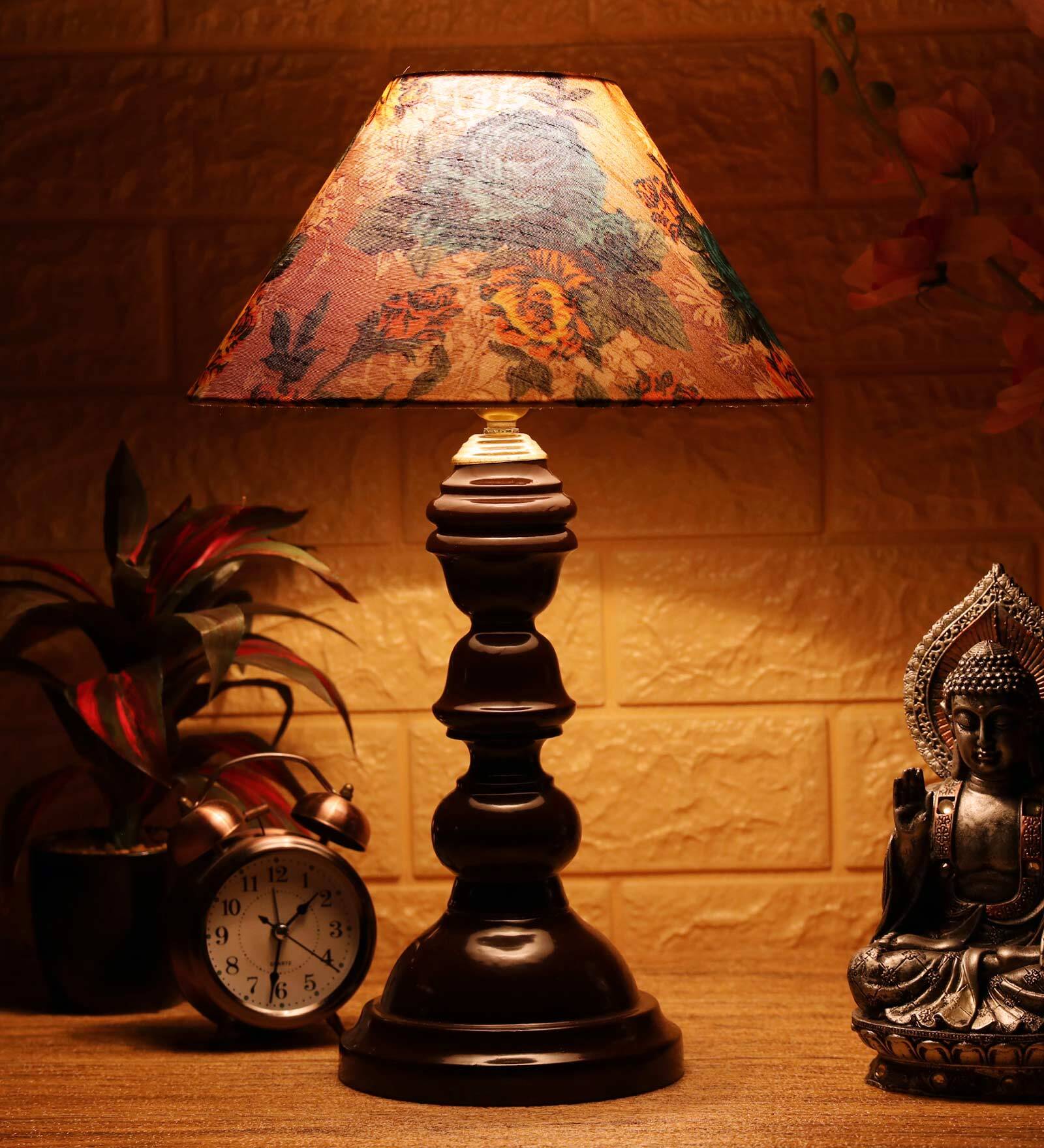 Moby Yellow & Green Fabric Shade Night Lamp With Wood Base