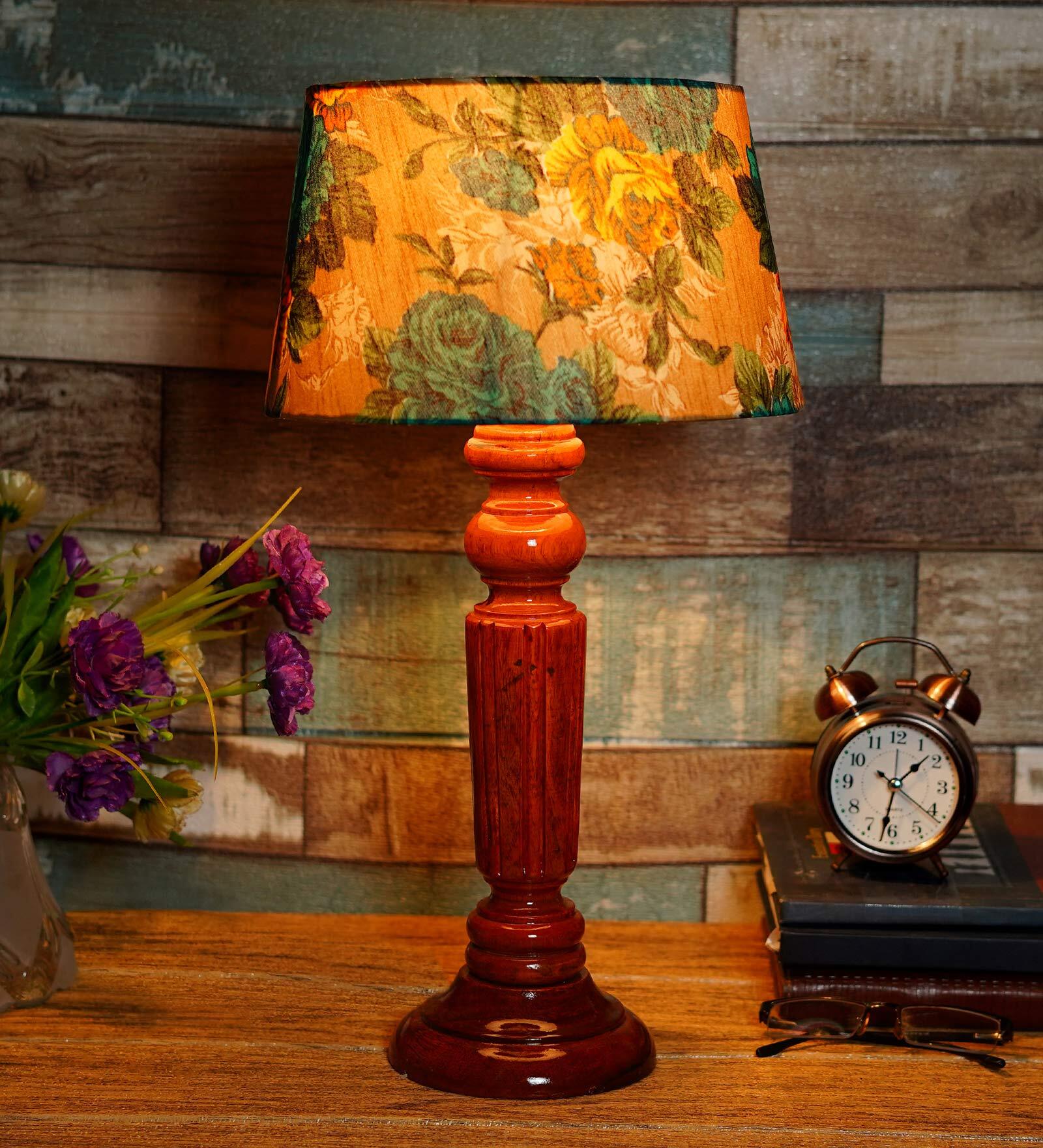 Delmas Yellow & Green Fabric Shade Night Lamp With Wood Base