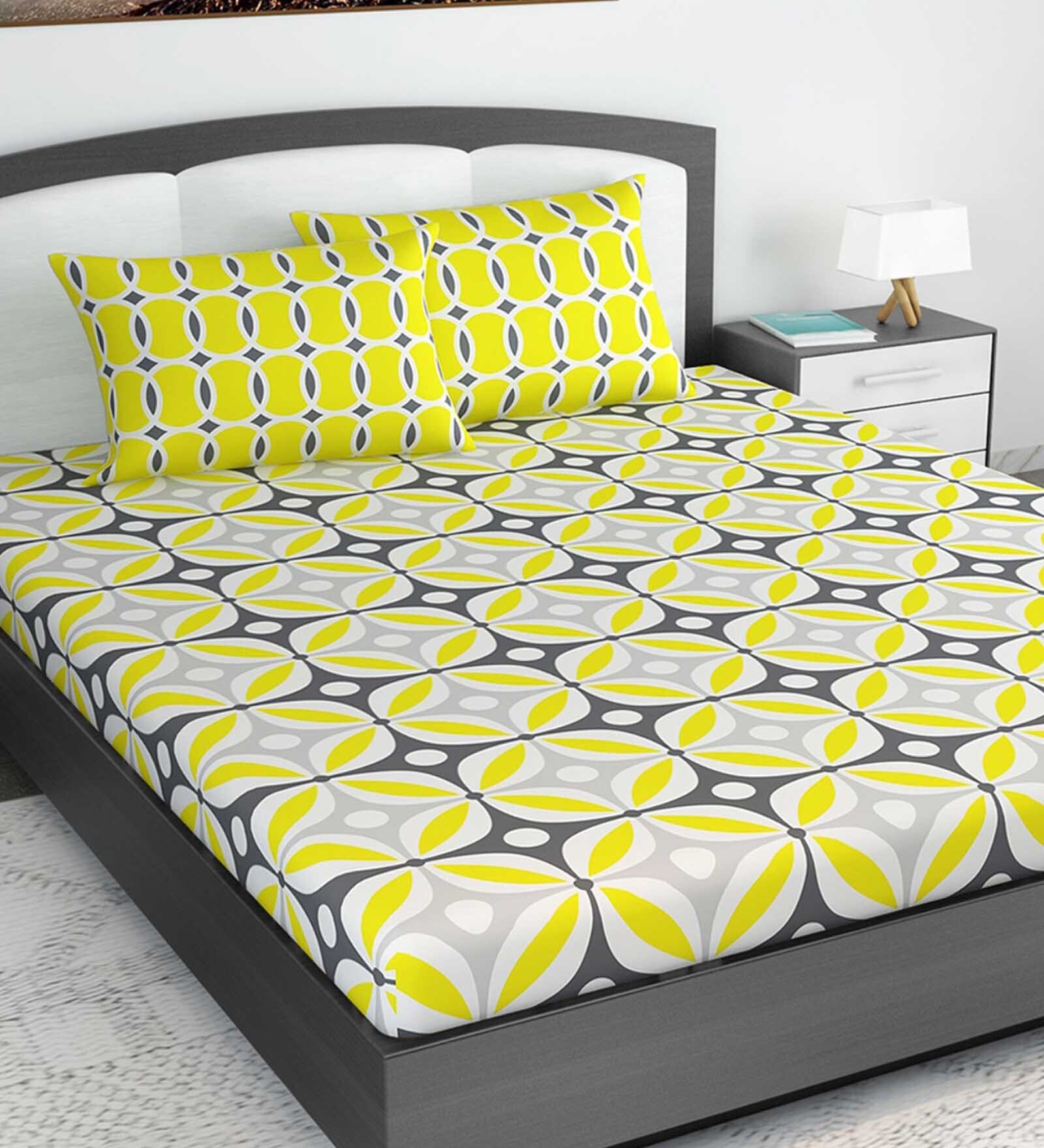 Buy Yellow Geometric 144 Tc 100 Cotton King Sized Bed Sheets With 2