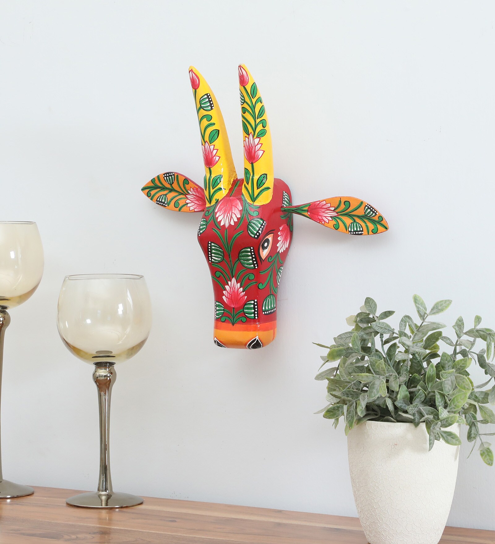Yellow & Pink Handcrafted Cow Sclupture Mango Wood Wall Mask