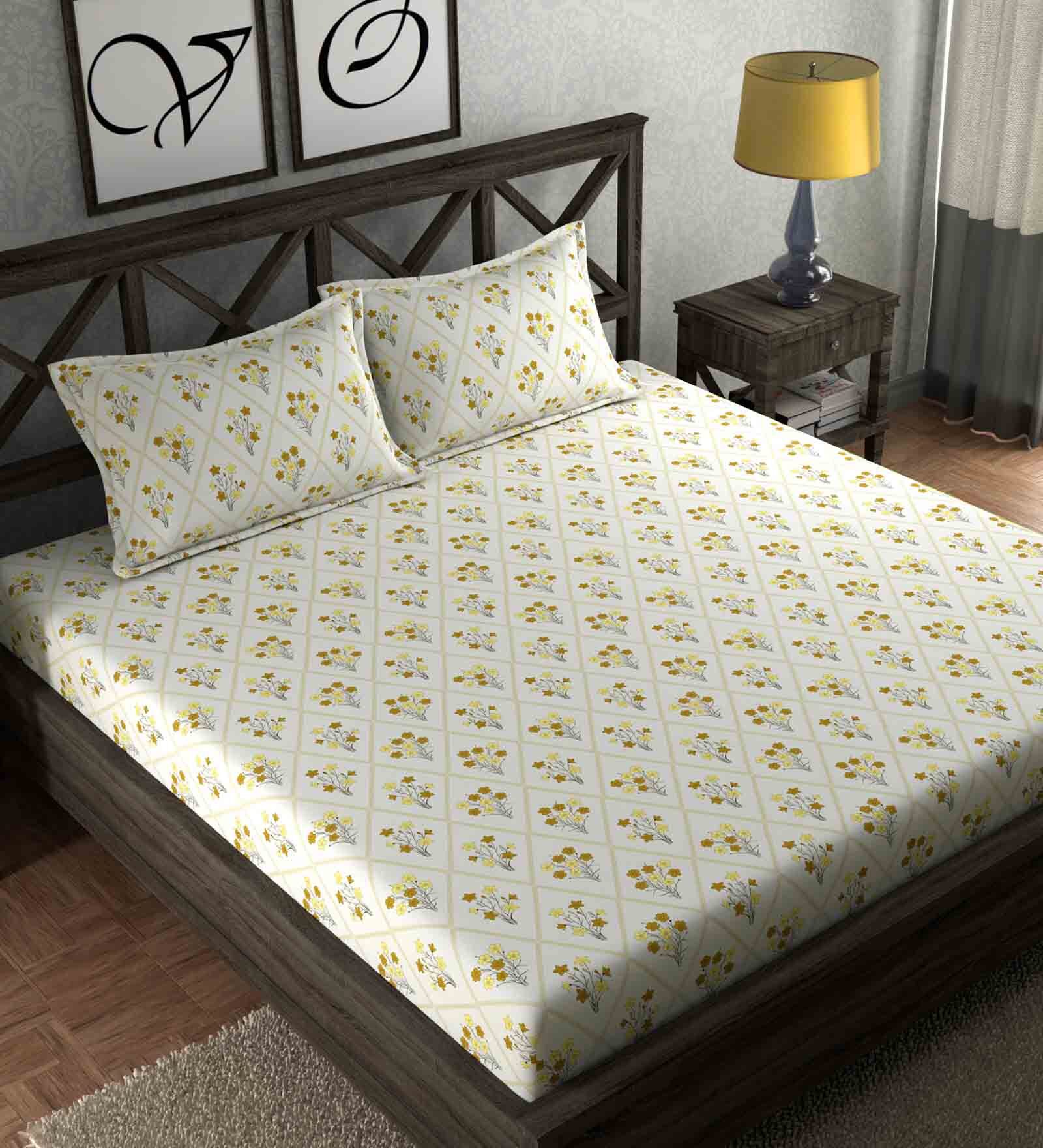 Yellow Floral 210 TC Microfiber Queen Sized Bed Sheets with 2 Pillow Covers