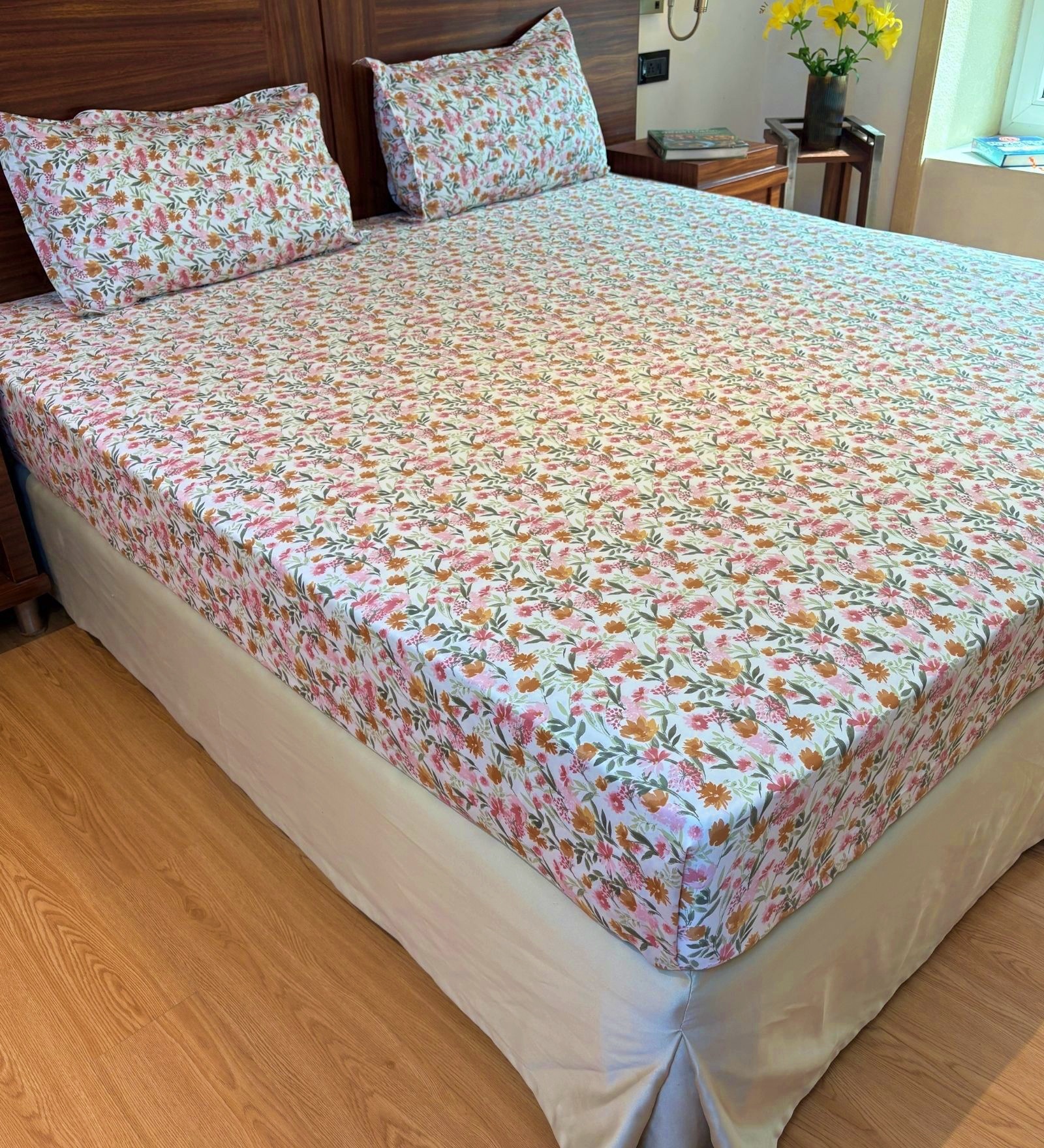 Pink and White 100% Cotton Floral Print Double Bedsheet with 2 Pillow Covers Spring Summer 2025 Collection