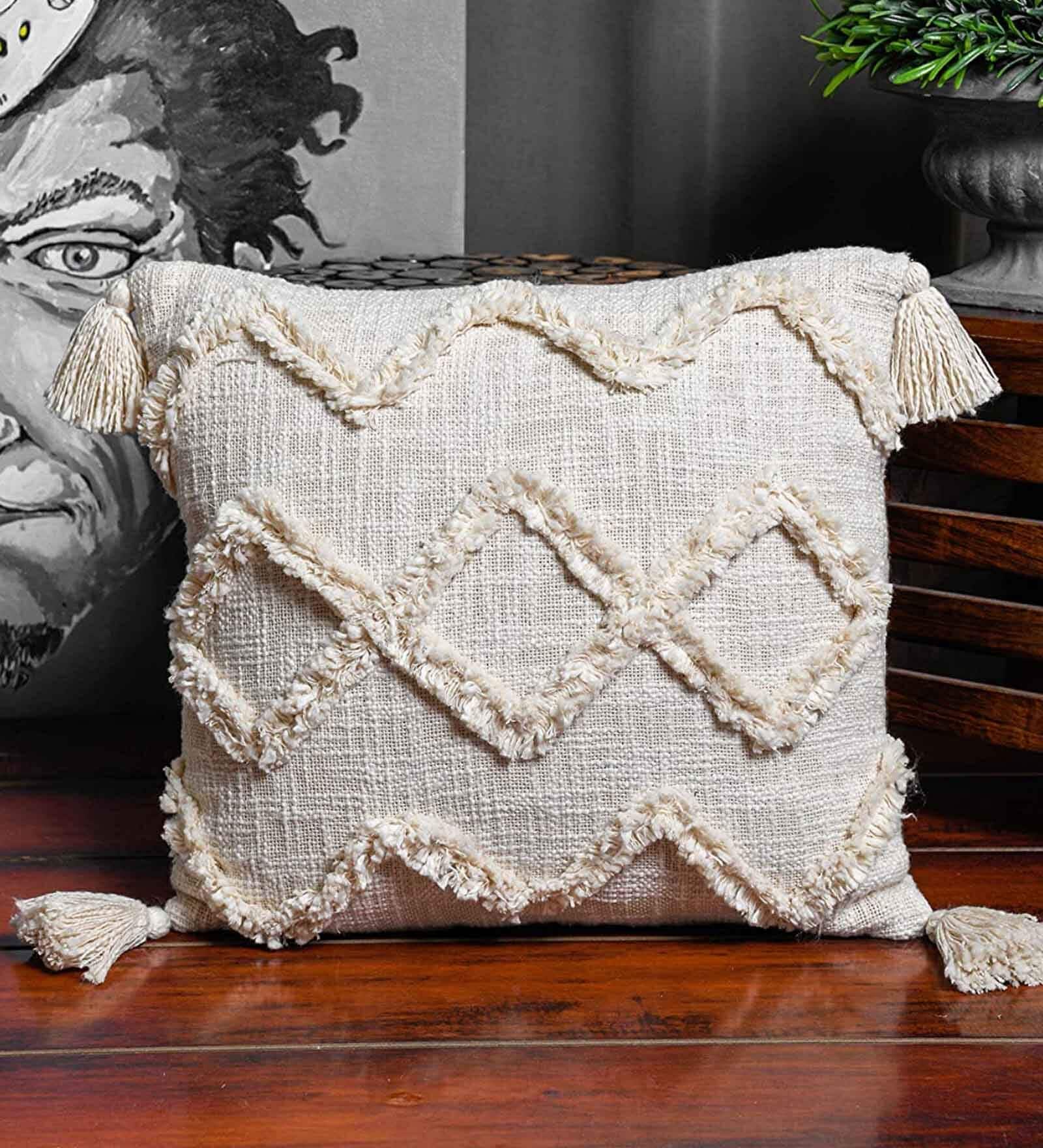 White Woven Cotton 16 x 16 Inches Cushion Cover