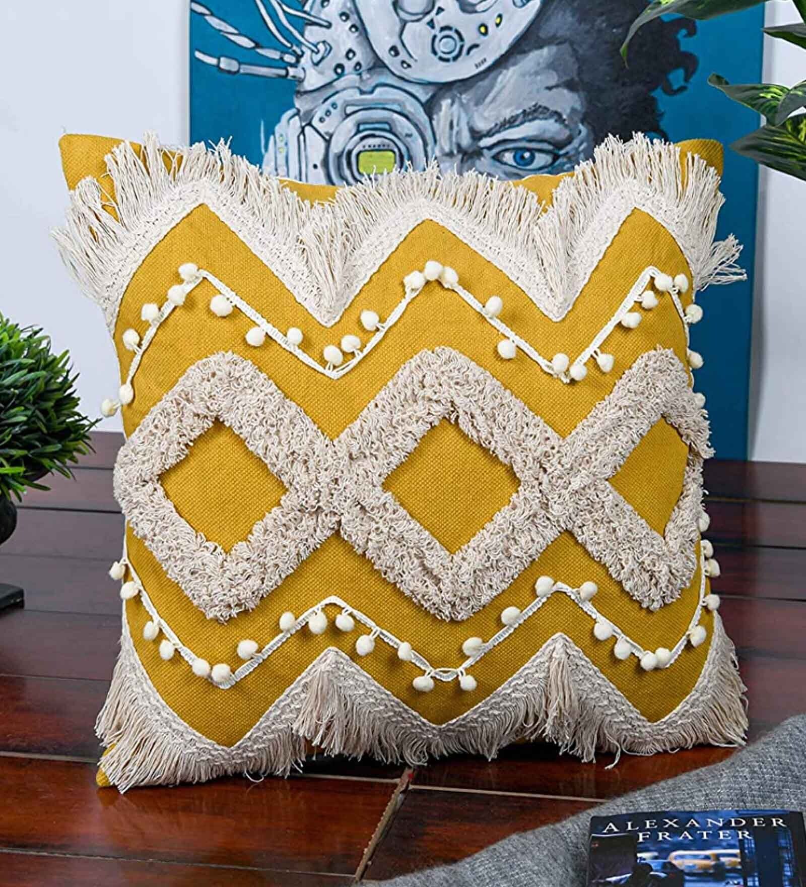 Yellow Woven Cotton 16 x 16 Inches Cushion Cover