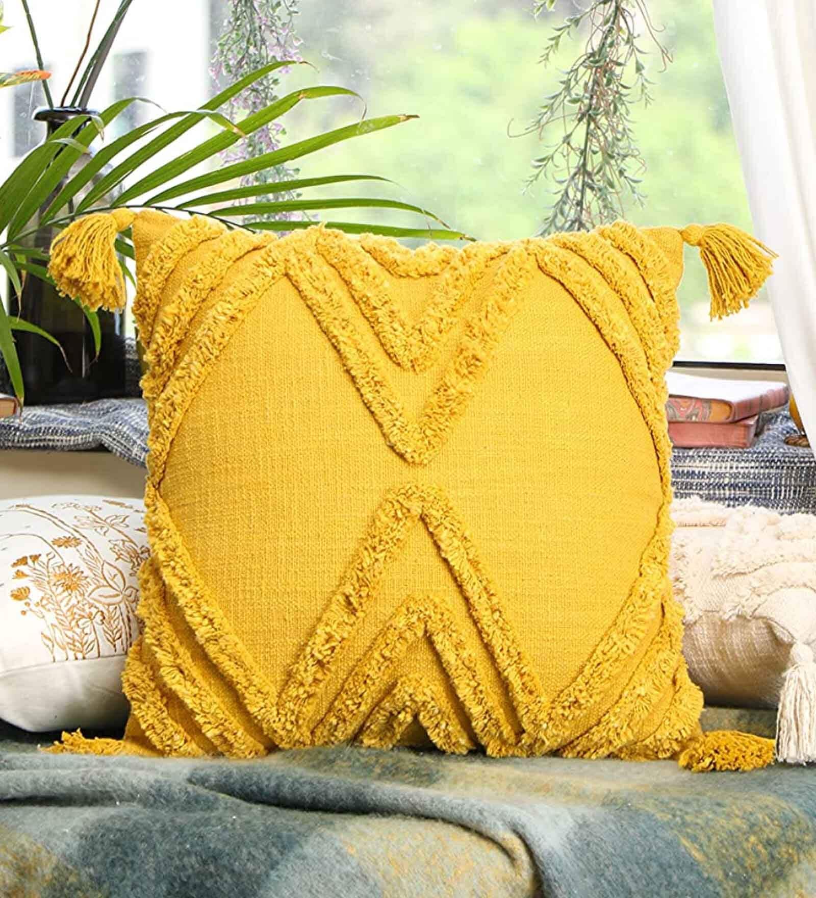 Yellow Woven Geometric Cotton 16 x 16 Inches Cushion Cover