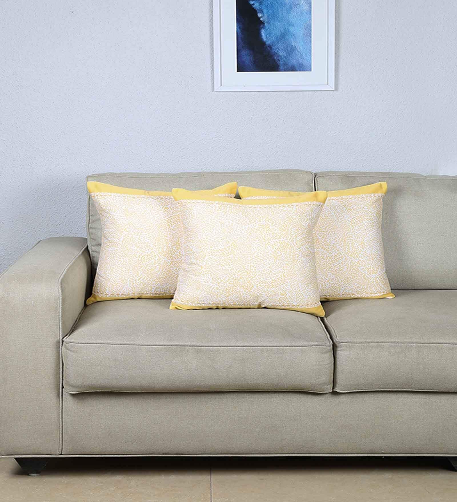 Yellow 100% Cotton Solid 16x16 inches Cushion Covers (Set of 3)