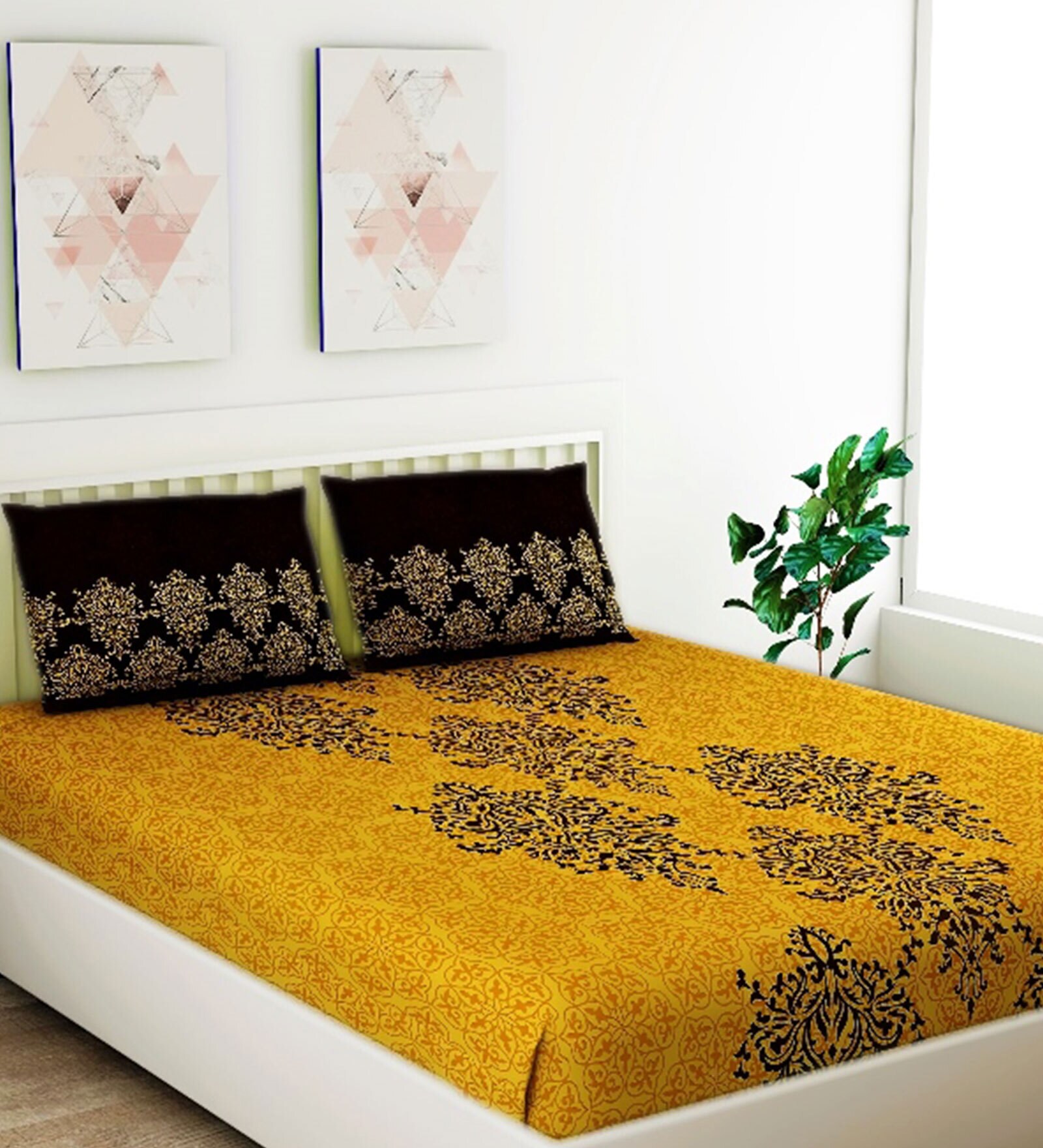 Buy Yellow Traditional 120 TC Cotton Queen Sized Bed Sheets with 2