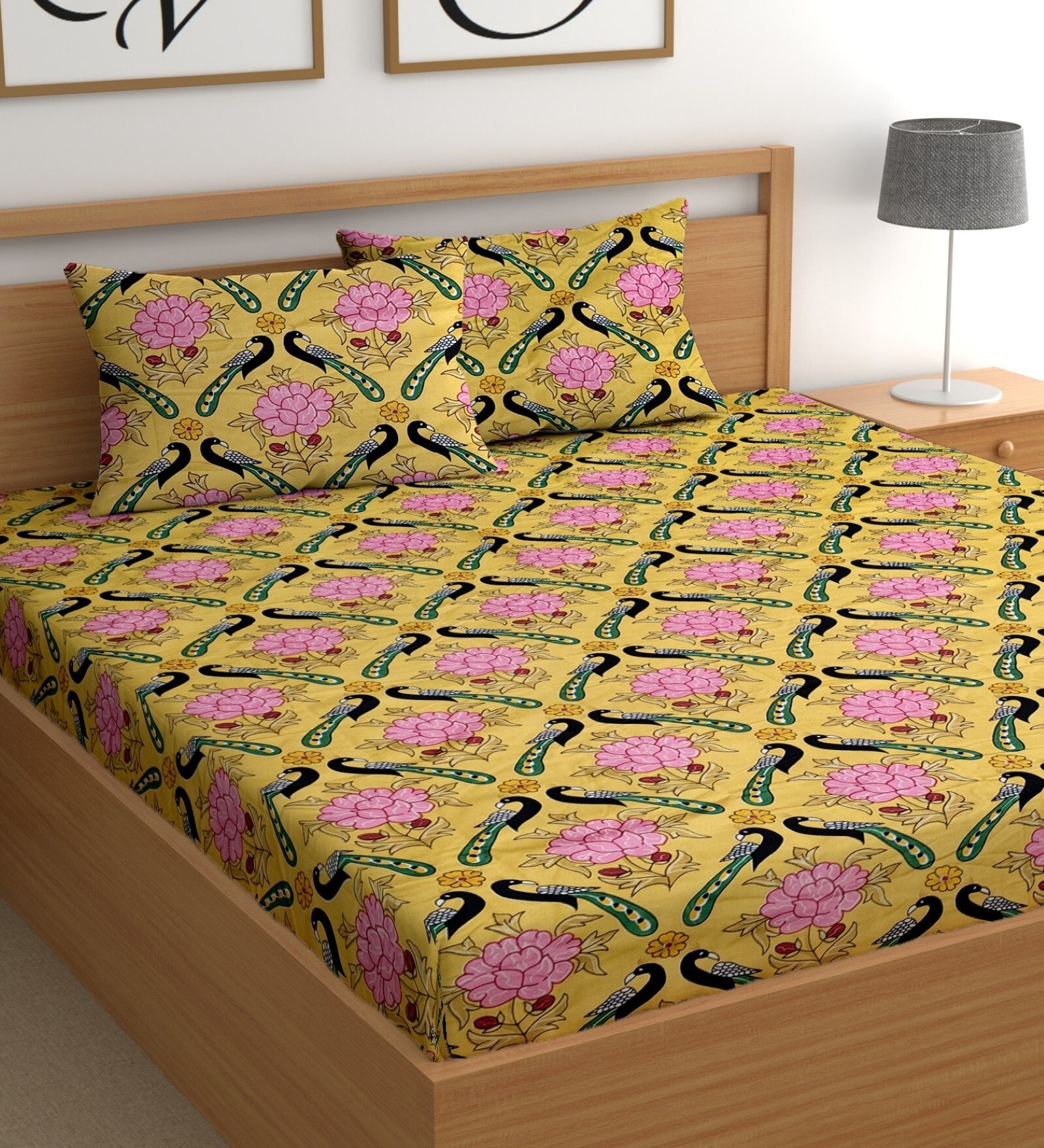 Yellow 180 TC Floral Cotton Queen Double Bedsheet 2 Pillow covers