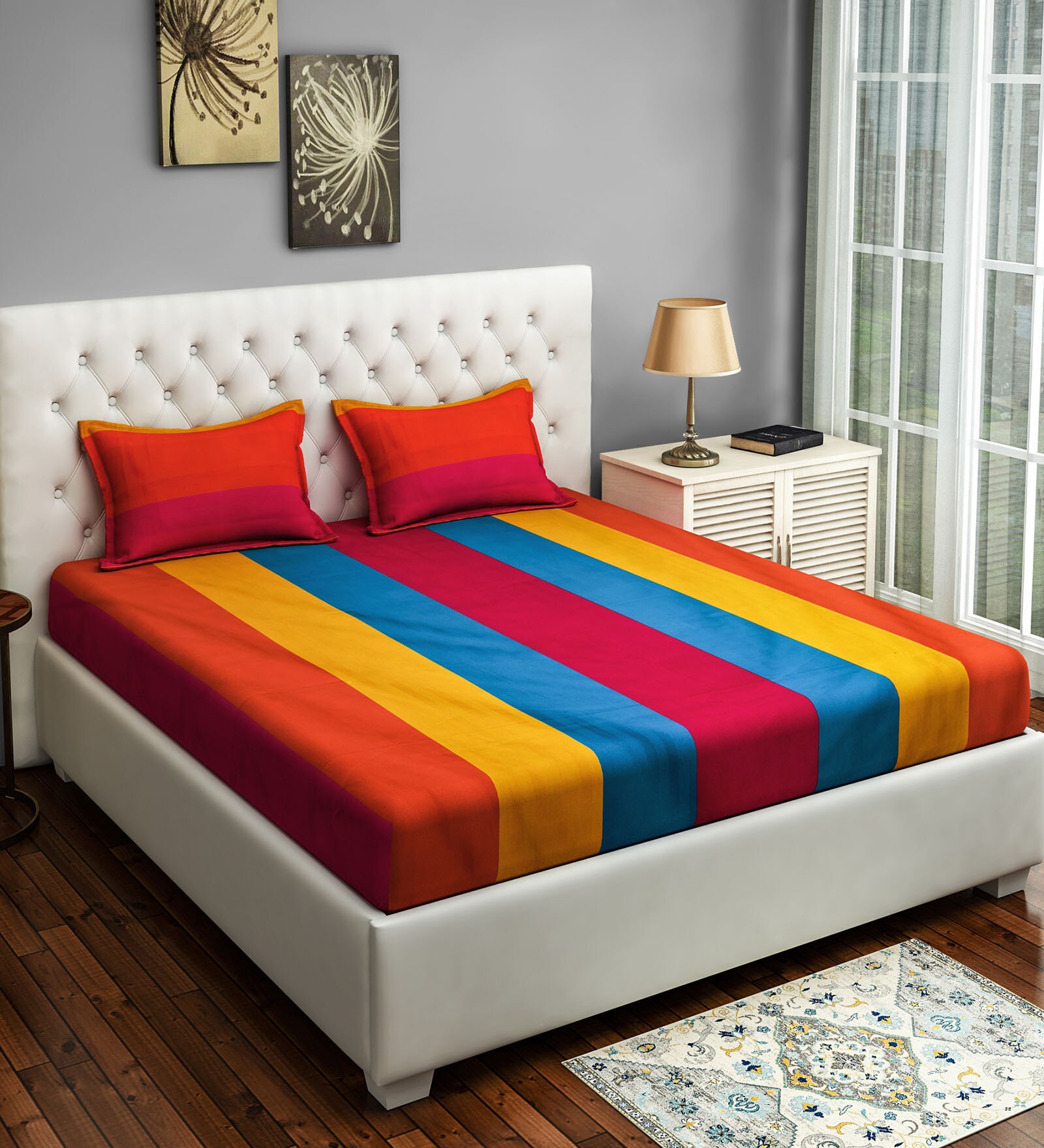 Yellow Geometric 240 TC Cotton 1 Double King Size Bedsheet with 2 Pillow Covers