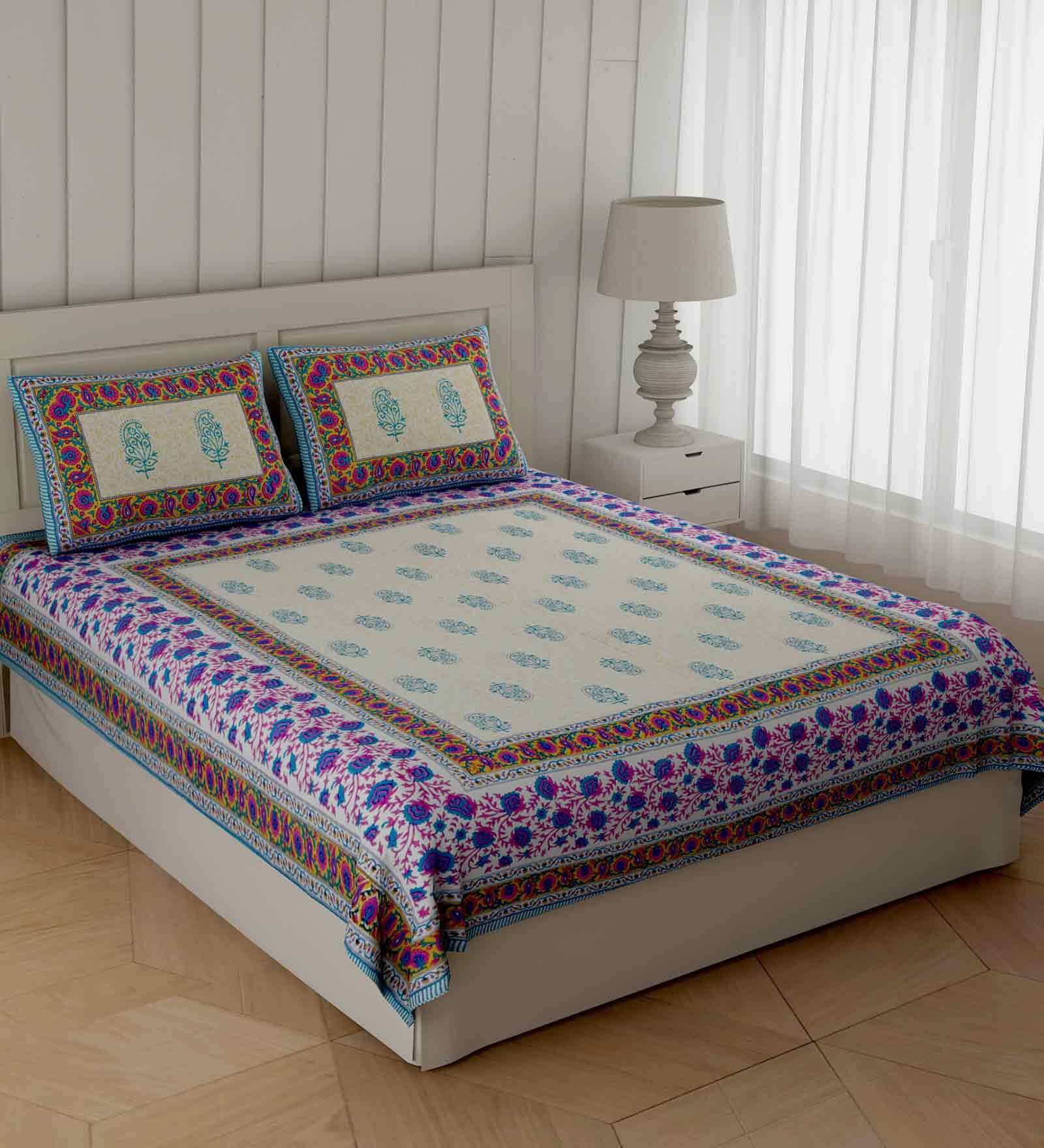 Buy Yellow Traditional 108 TC Cotton King Sized Bed Sheets with 2 Pillow Covers by Poorak at 54