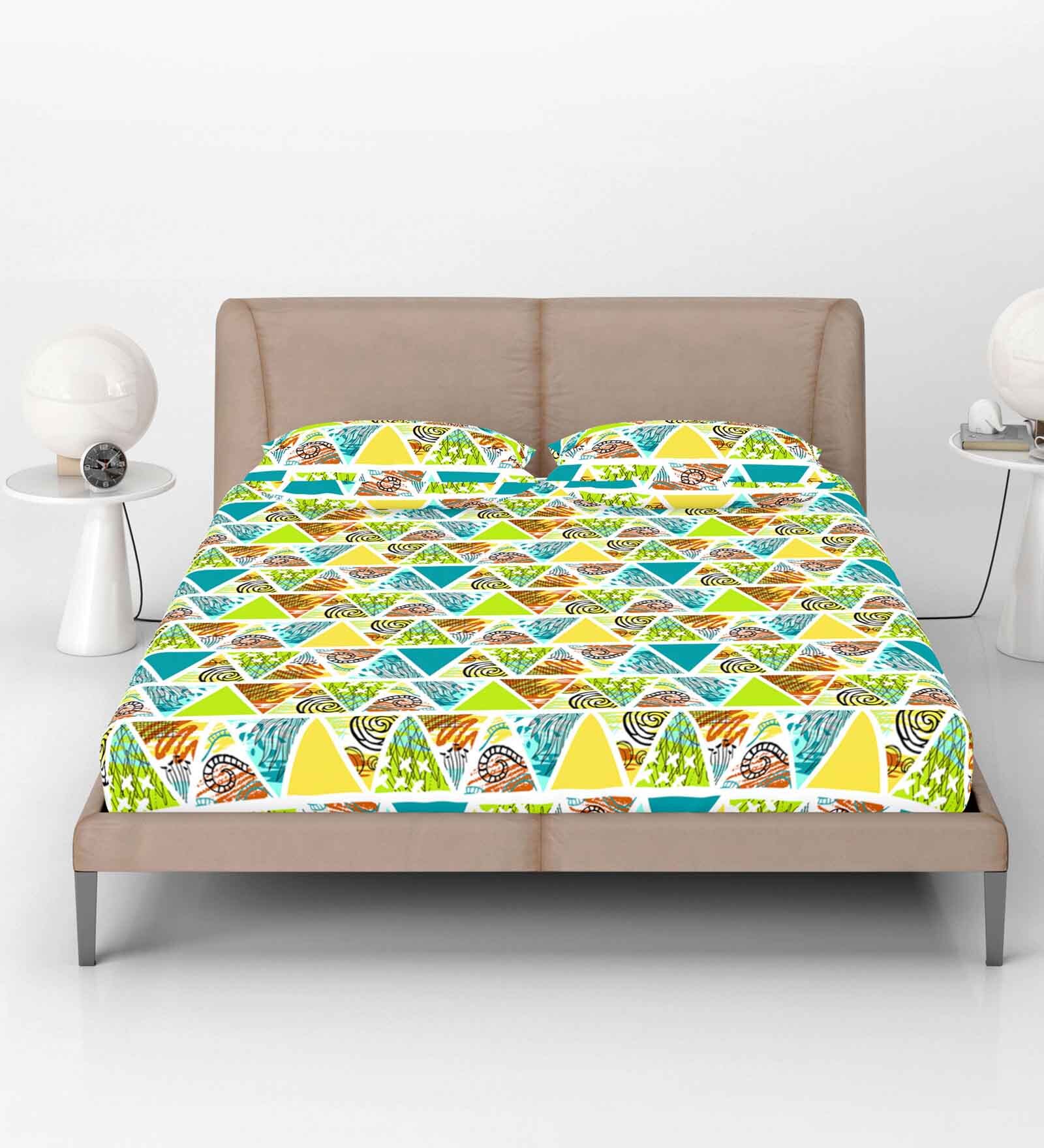Multicolor Abstract 144 TC Cotton Fitted Double Bedsheet with 2 Pillow Covers