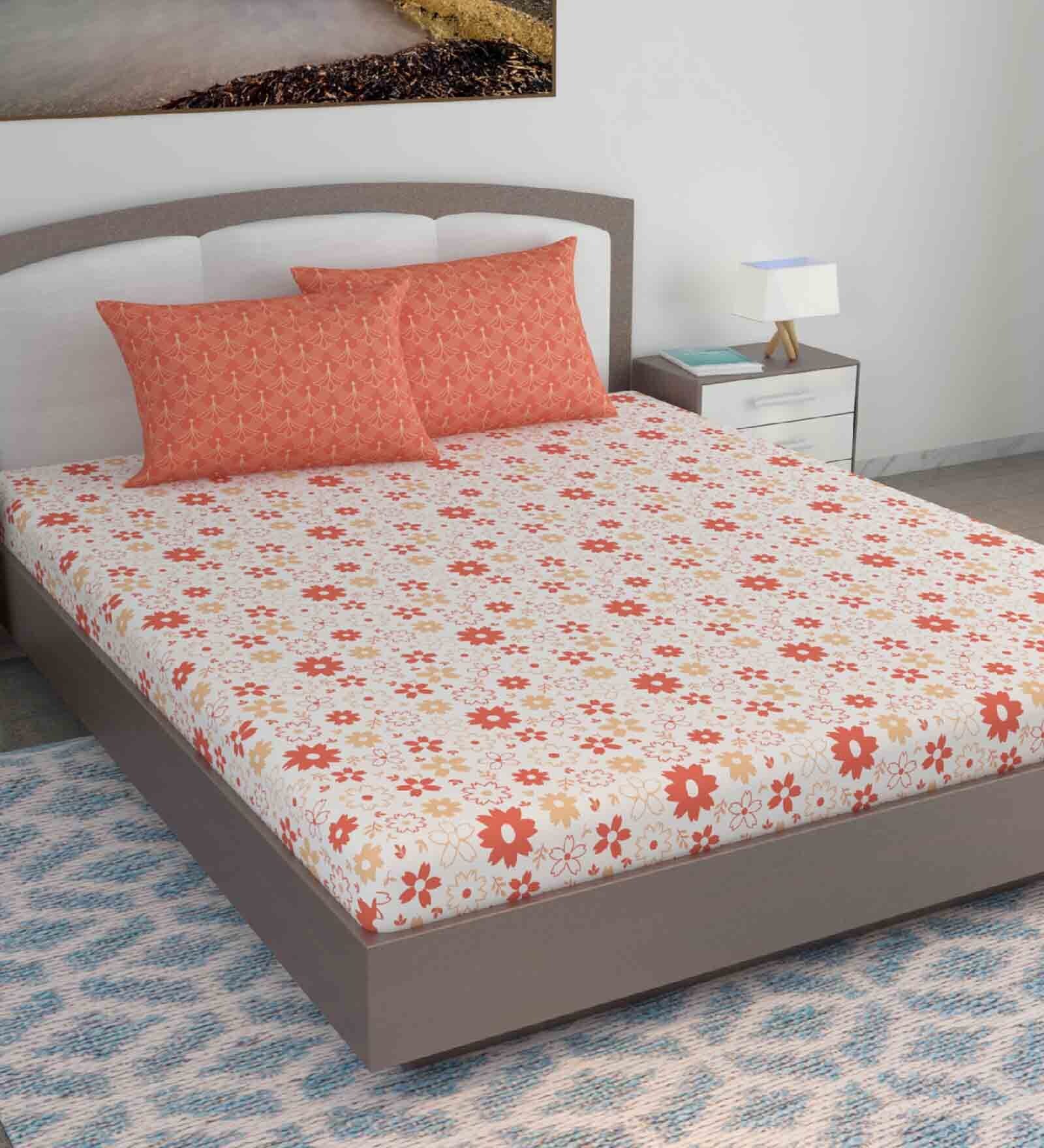 Coral Floral 144 TC Cotton King Sized Bed Sheets with 2 Pillow Covers