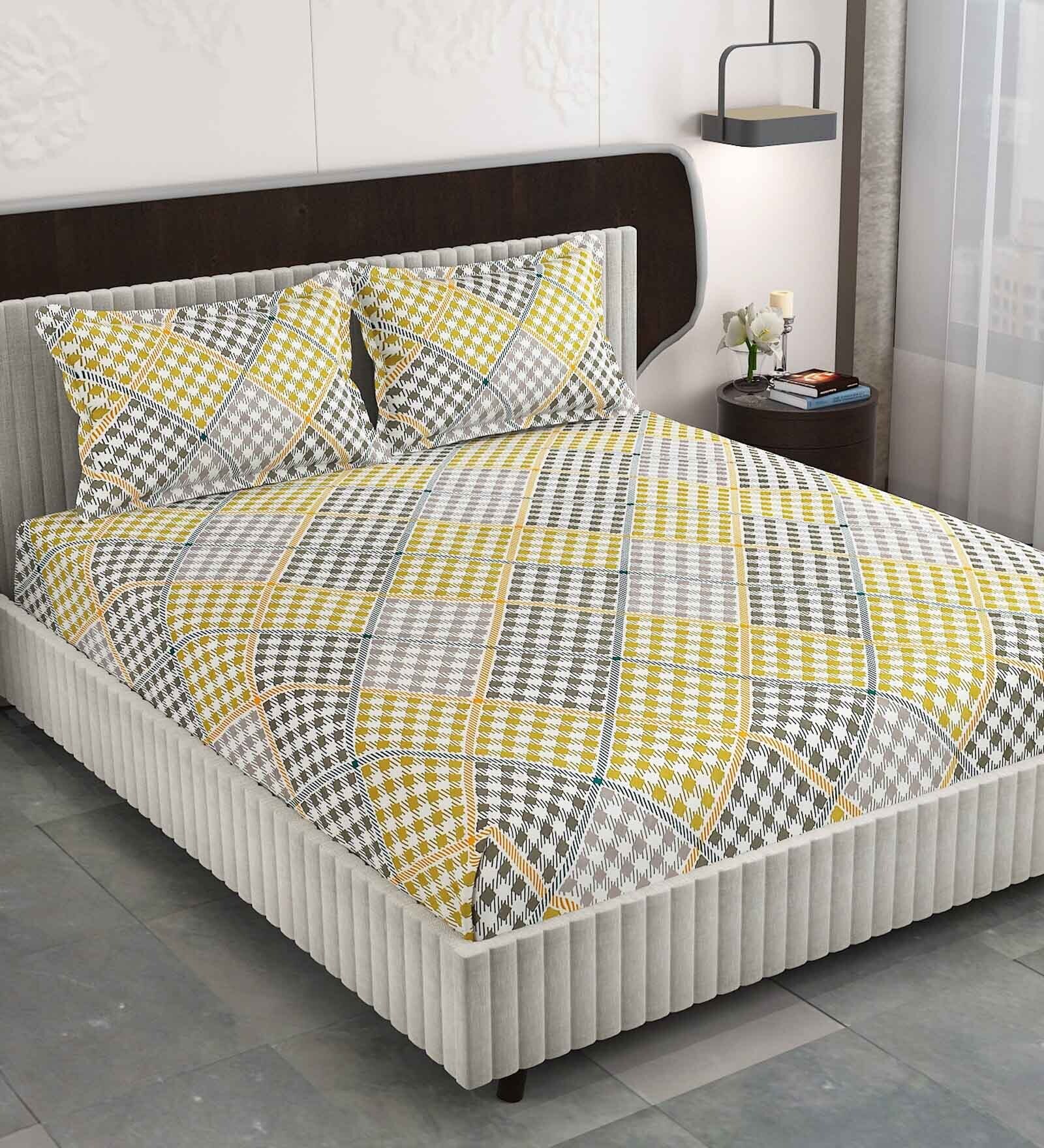 Yellow Abstract 220 TC Microfibre King Size Fitted Bedsheet With 2 Pillow Covers