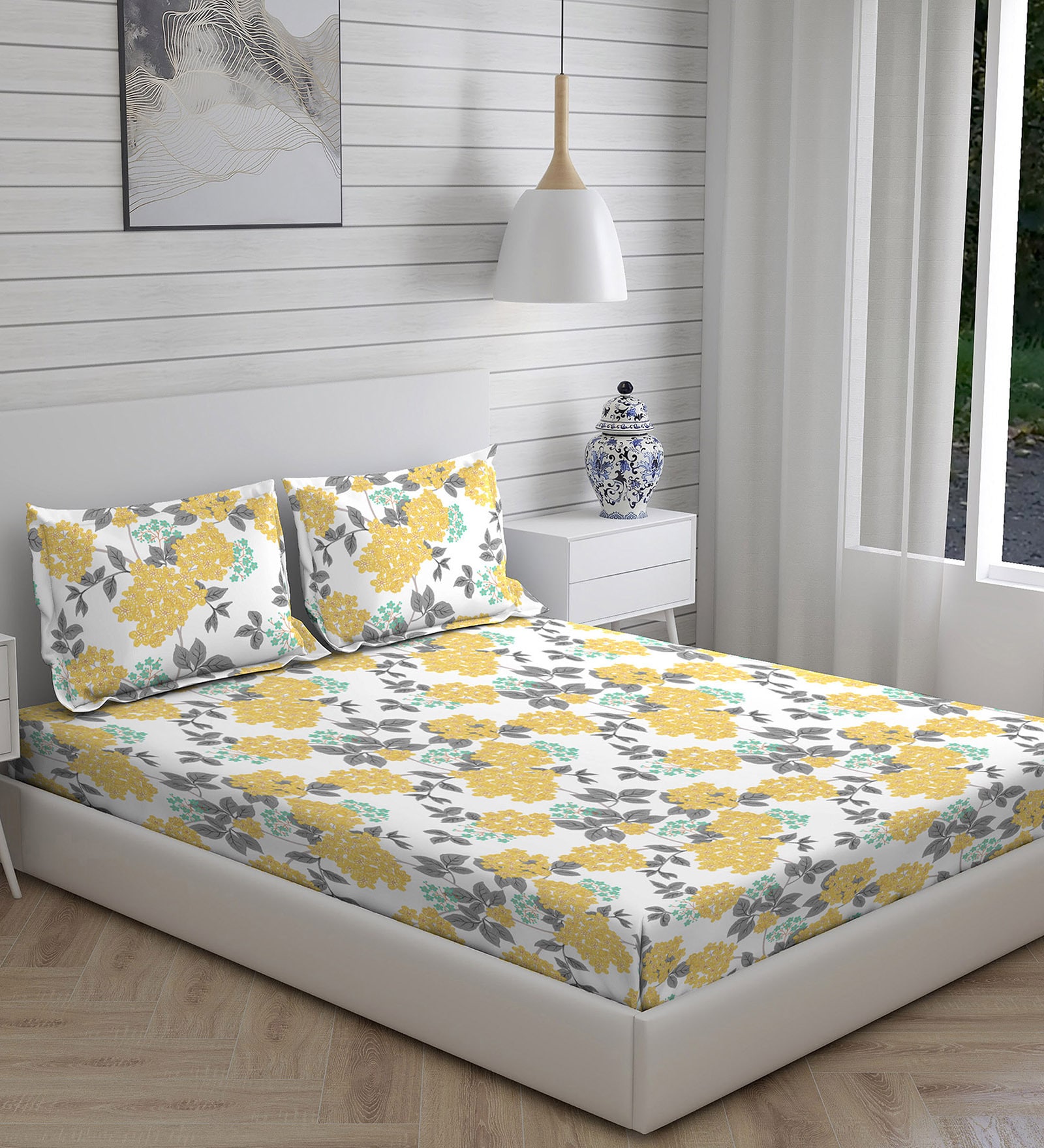 Yellow Floral 225 TC Cotton Queen Sized Bed Sheets with 2 Pillow Covers