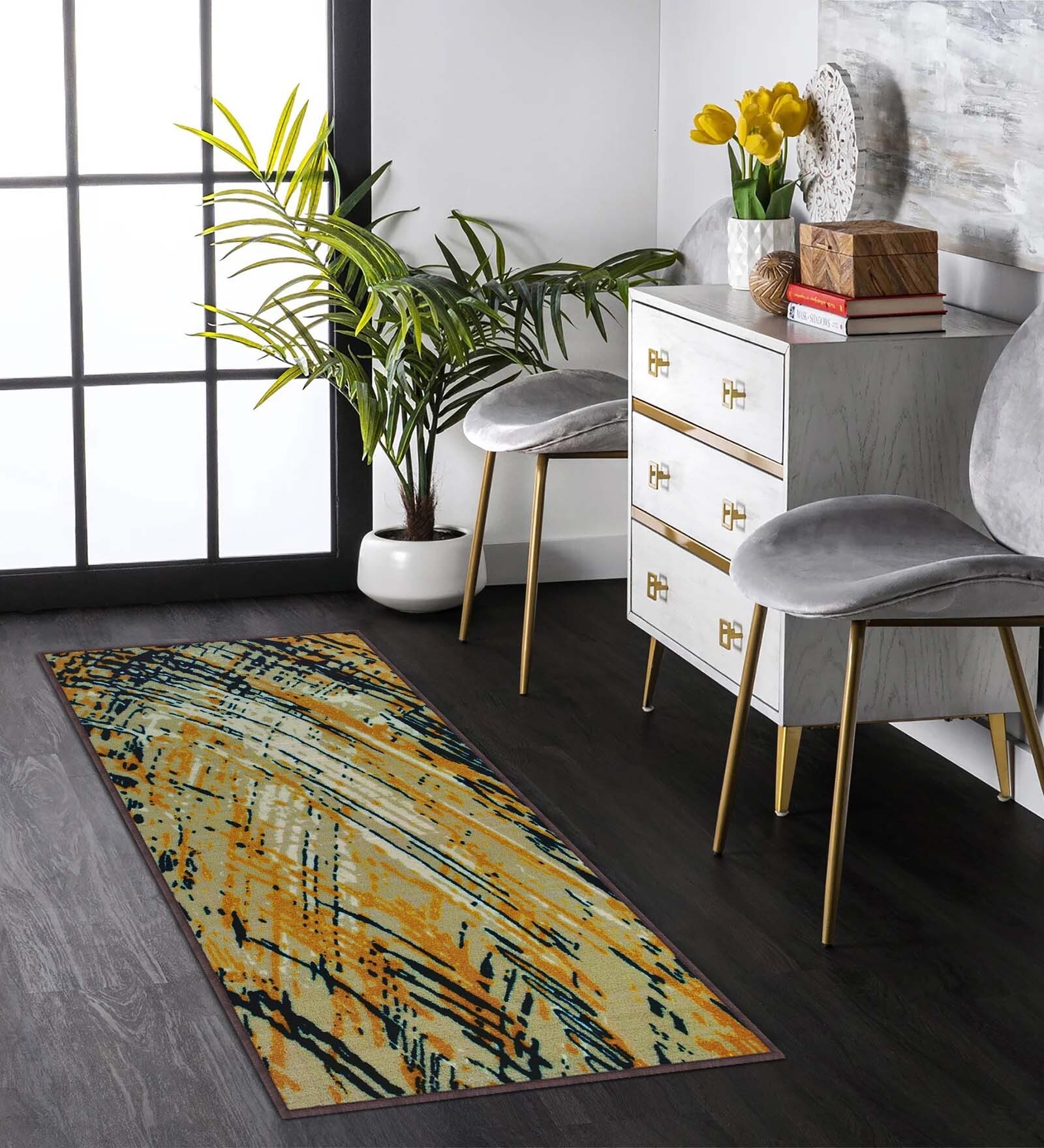 Yellow Abstract Polyester 5 ft x 2 ft Machine Made Runner