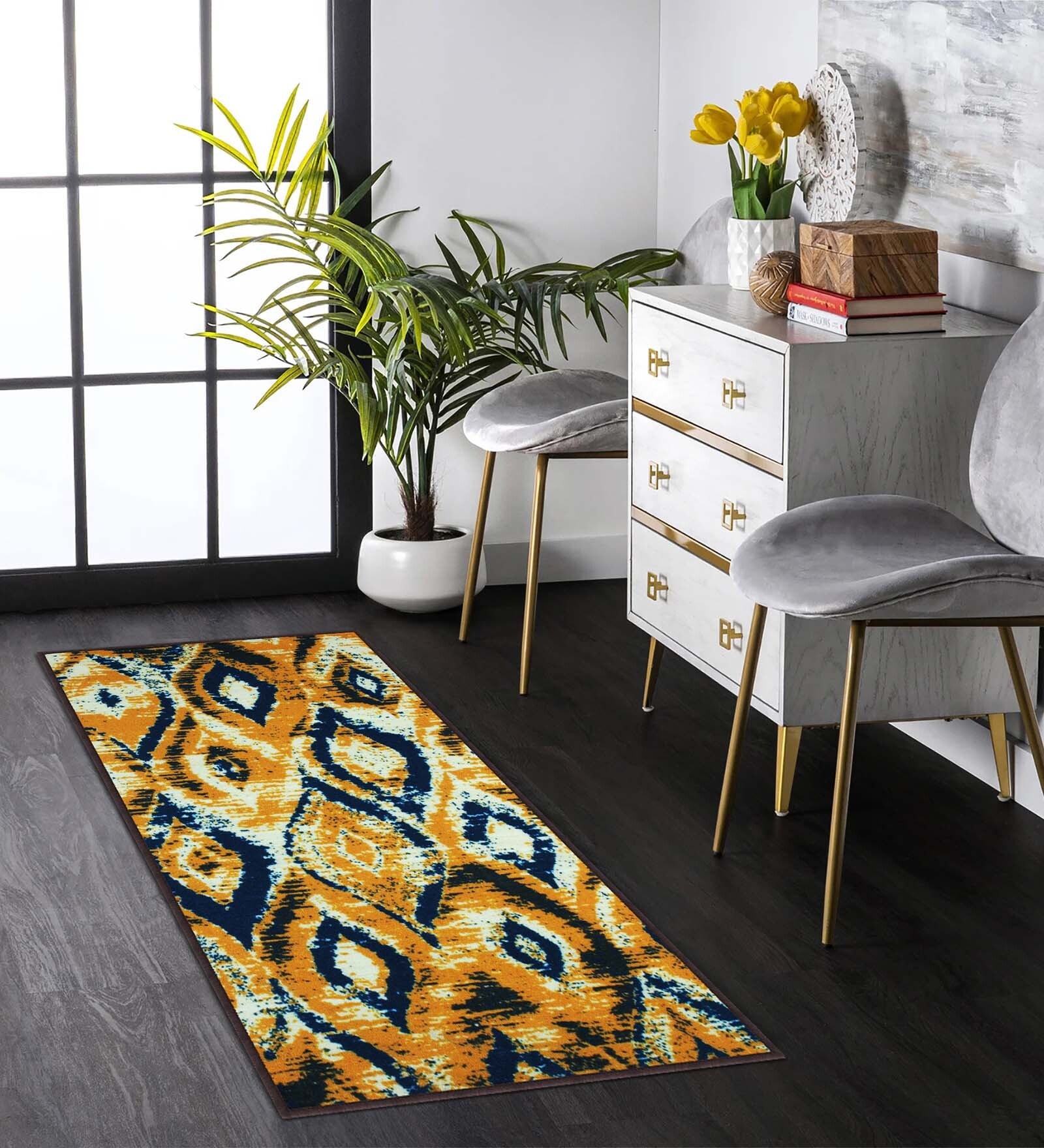 Yellow Abstract Polyester 5 ft x 2 ft Machine Made Runner