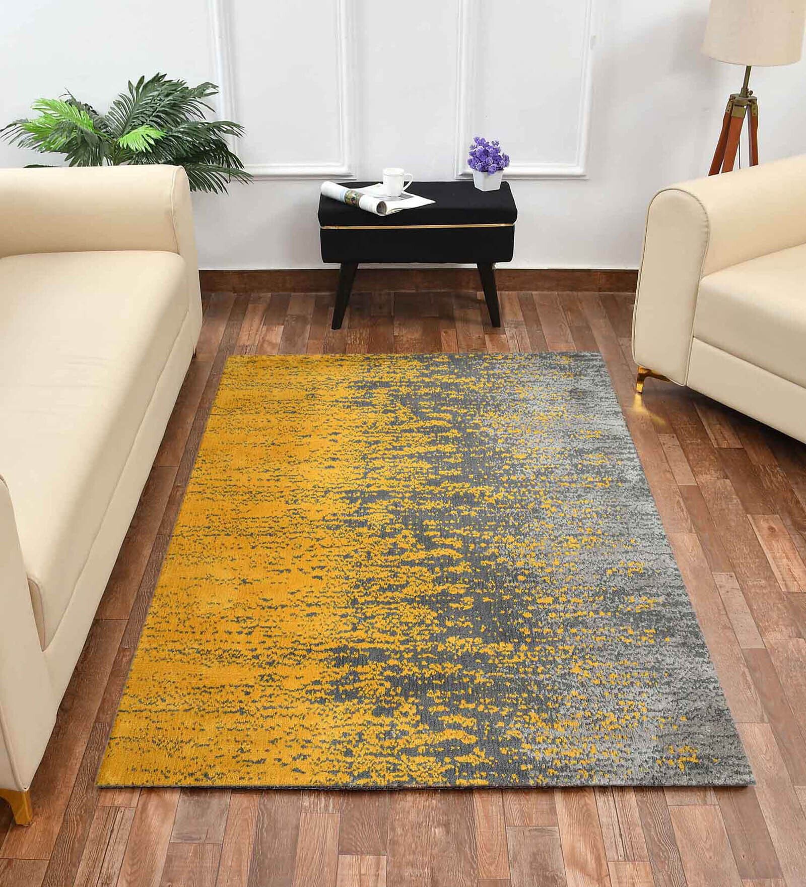 Yellow Abstract Polyester 6 x 9 Feet Machine Made Carpet