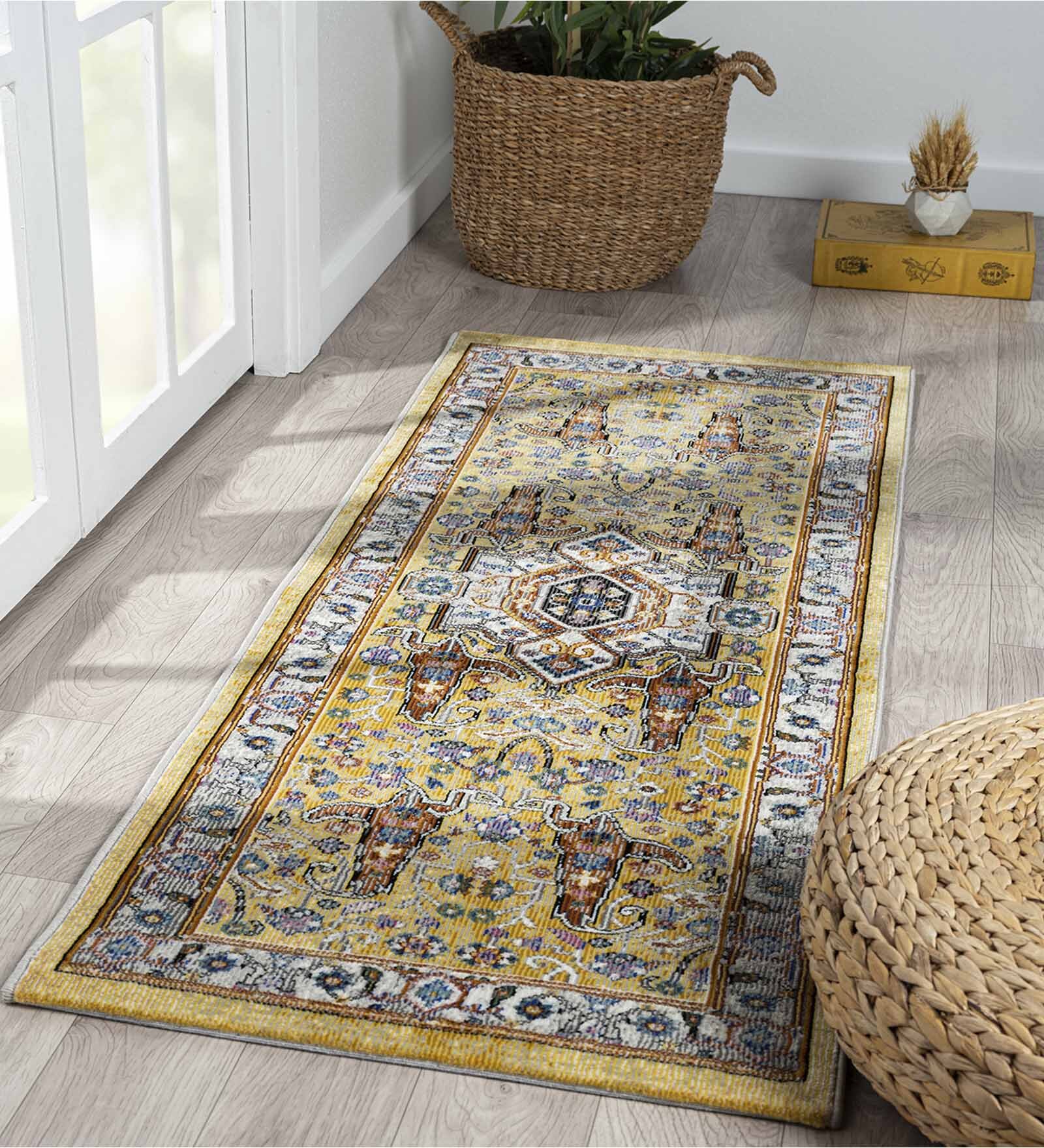 Yellow Abstract Polypropylene 59x24 Inches Machine Made Floor Runner
