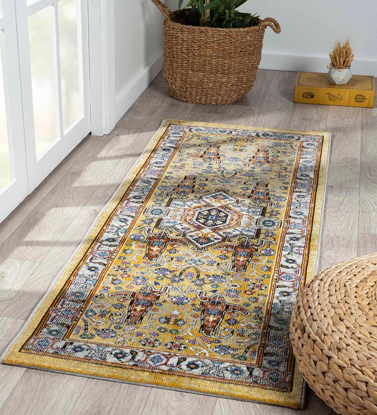 Yellow Abstract Polypropylene 59x32 Inches Machine Made Floor Runner