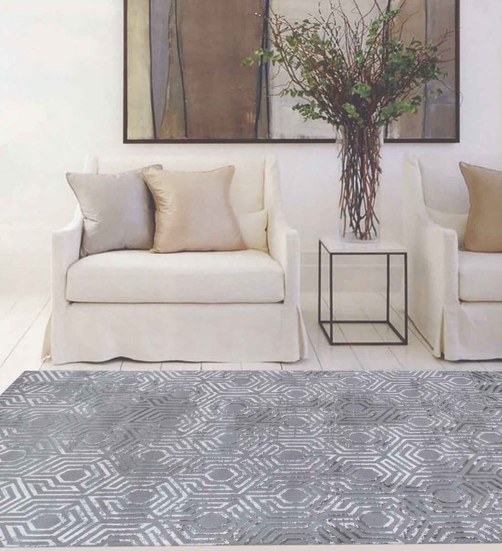 Grey Abstract Polypropylene 6 ft x 9 ft Machine Made Carpet