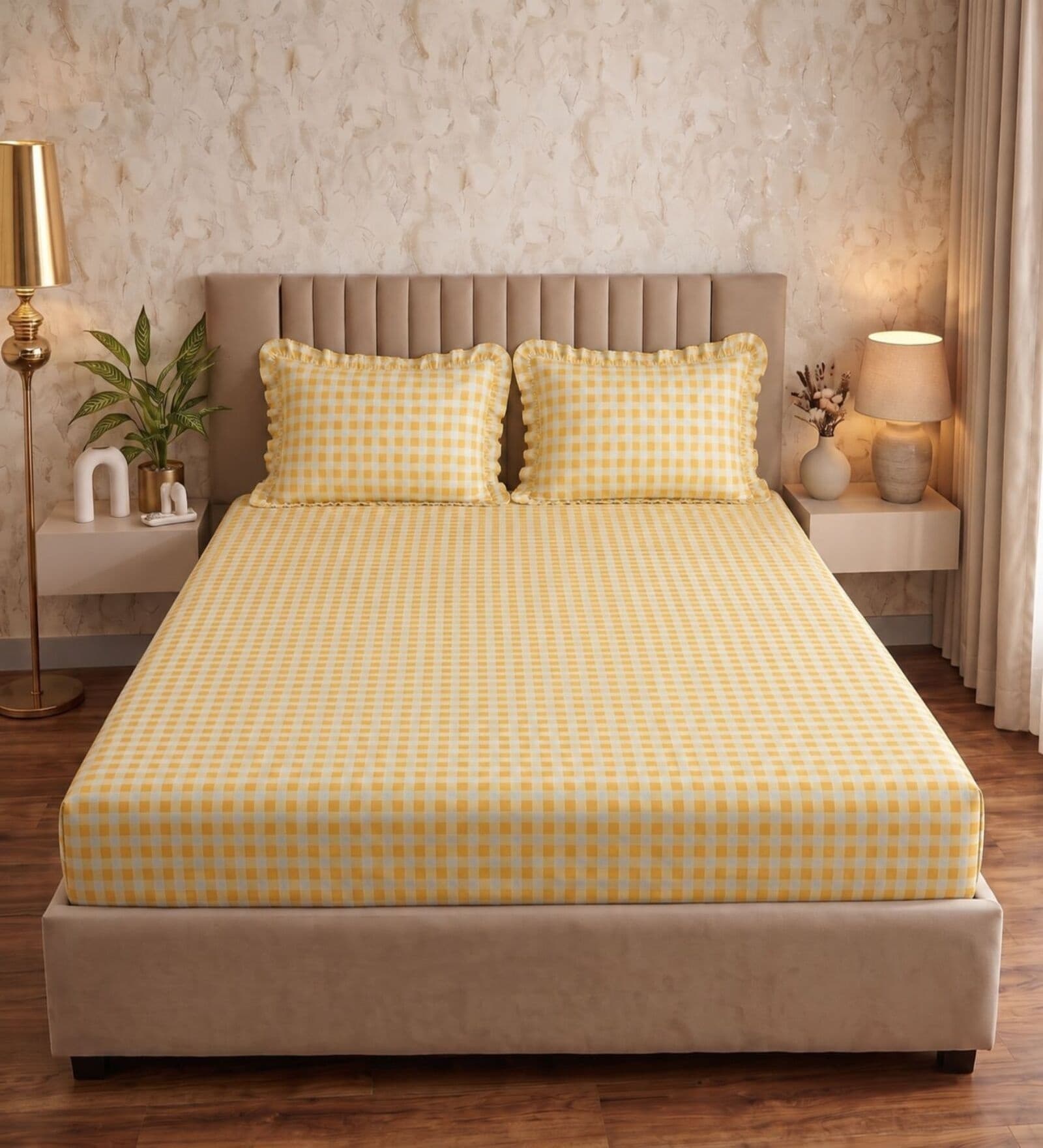Yellow Checkered Polycotton Double King Fitted Bedsheet With 2 Frill Pillow Covers