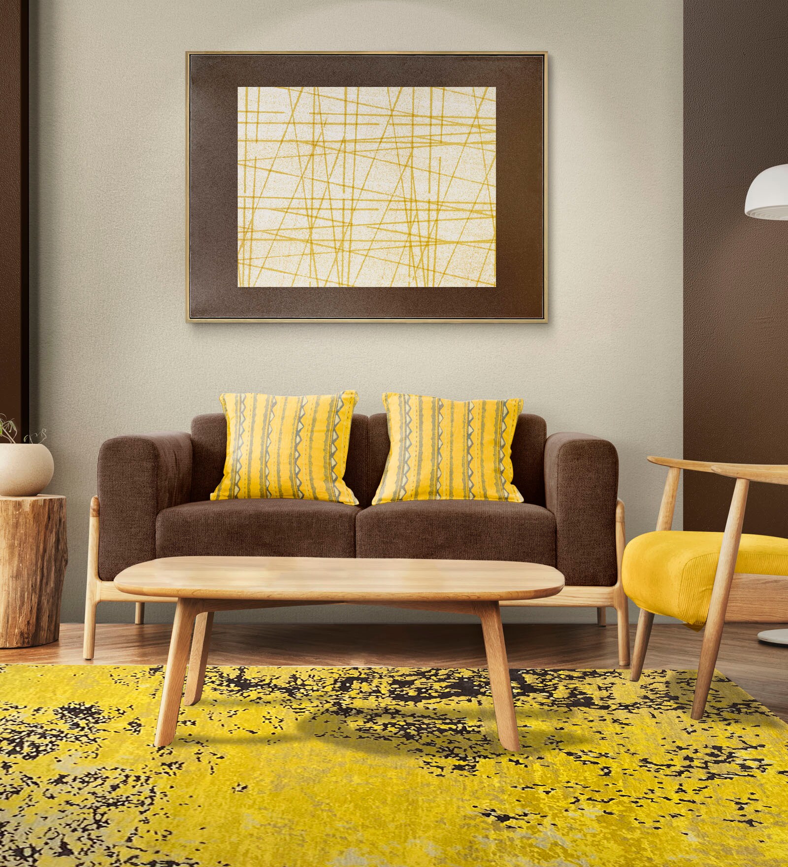 Yellow Abstract Wool 4 ft x 6 ft Hand Knotted Carpet