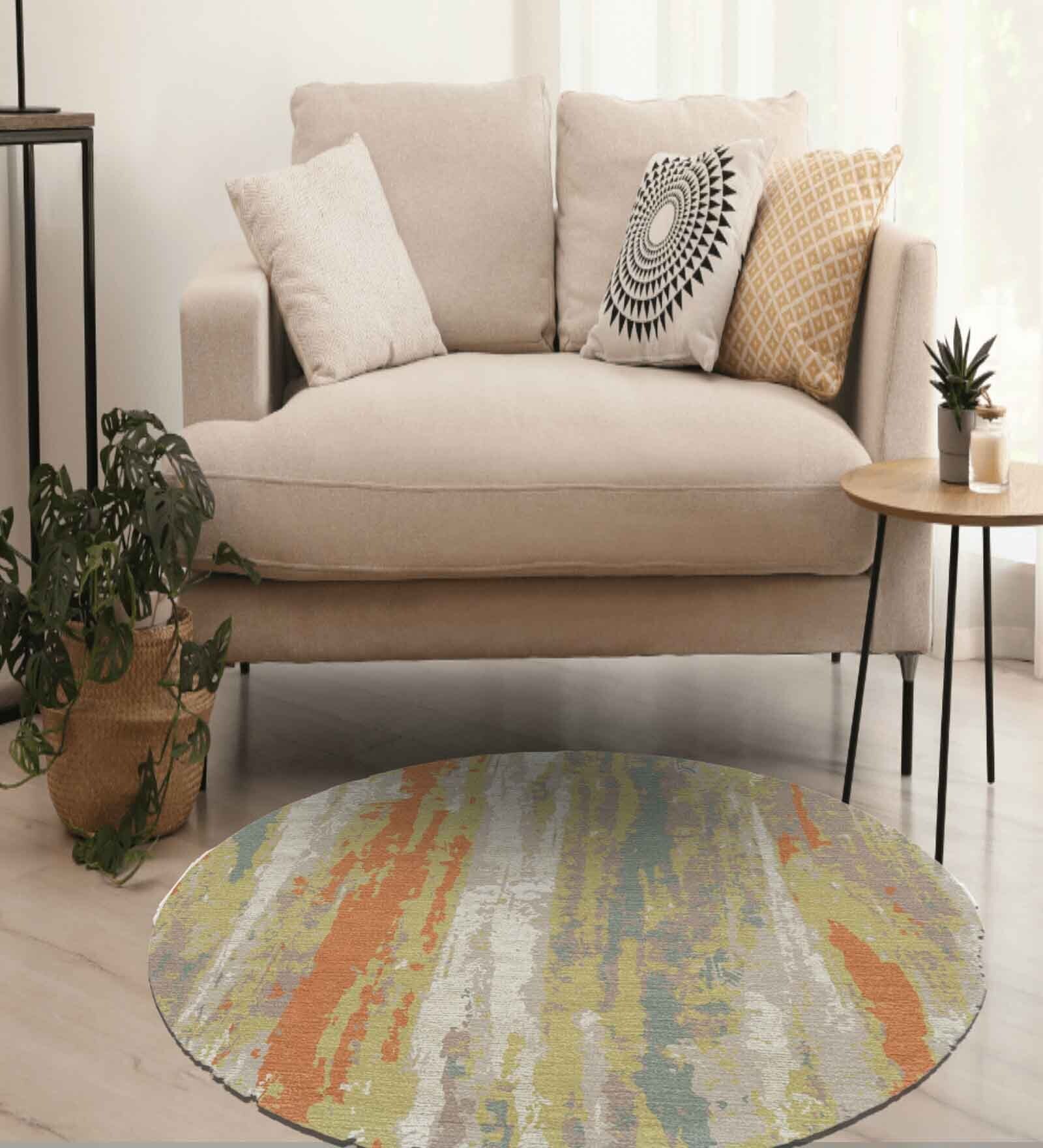Yellow Abstract Wool 5 ft x 5 ft Hand Tufted Carpet