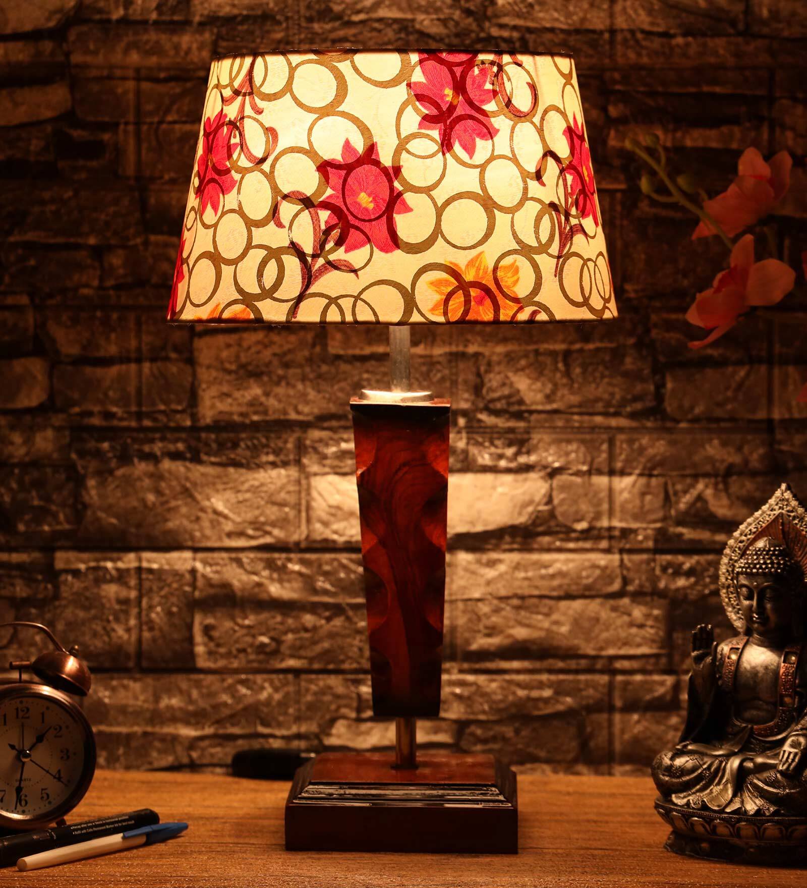 Bling Yellow Fabric Shade Night Lamp With Wood Base