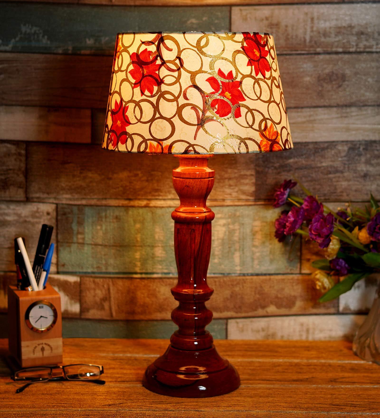 Persian Yellow Fabric Shade Night Lamp With Wood Base