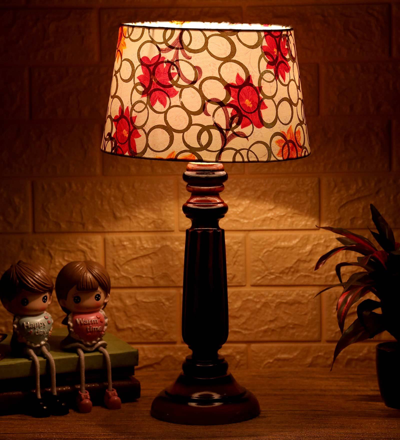 Yogasana Yellow Fabric Shade Night Lamp With Wood Base
