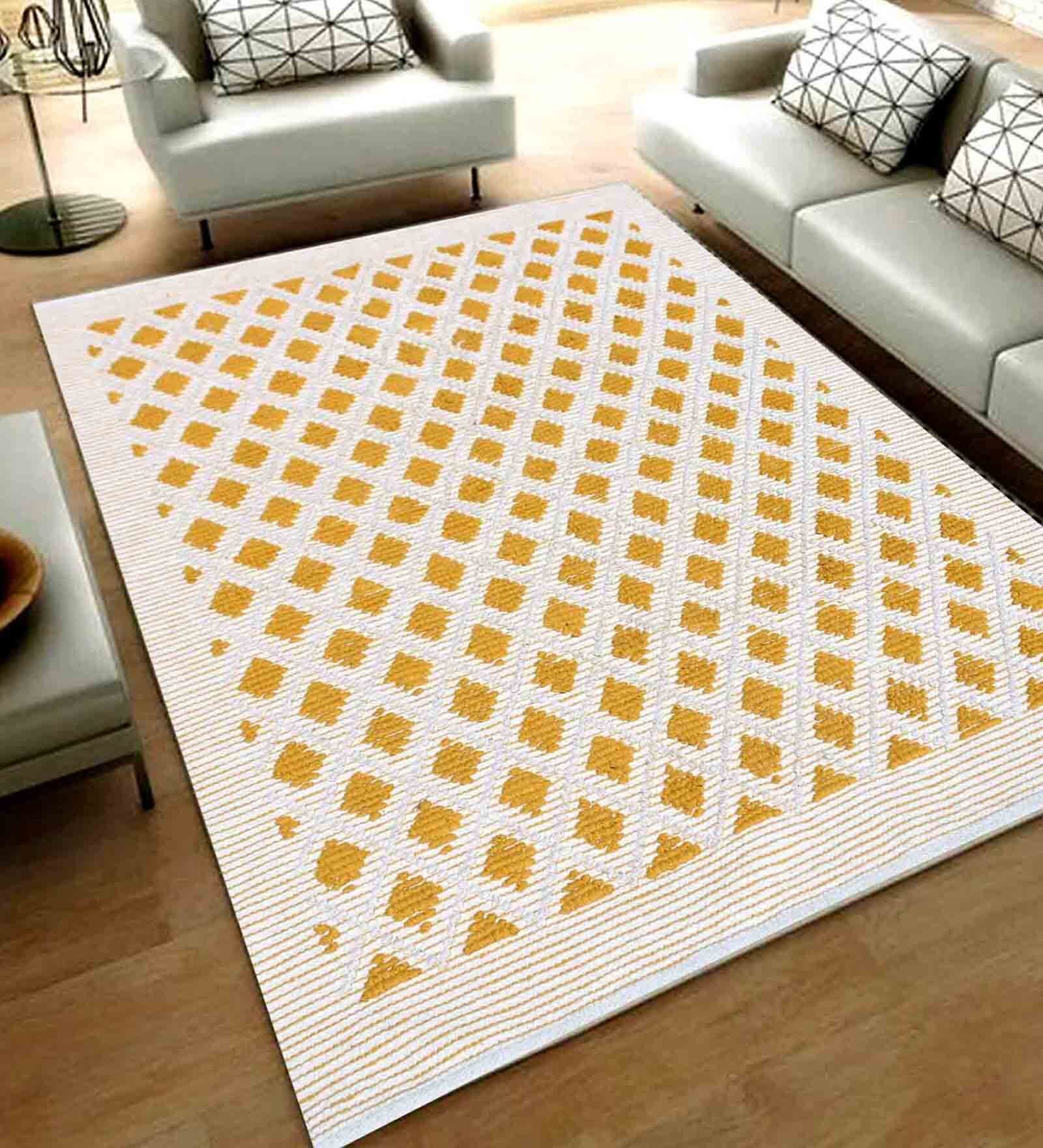 Yellow and White Tolyatti Geometric Cotton 4ft x 6ft Hand Woven Carpet
