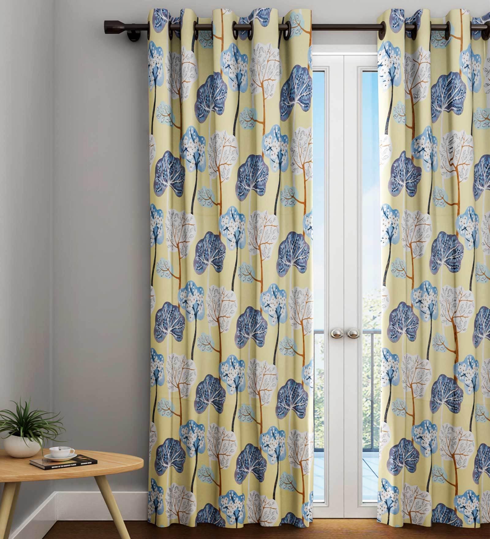 Yellow Floral Cotton 9 Ft Blackout Eyelet Door Curtain