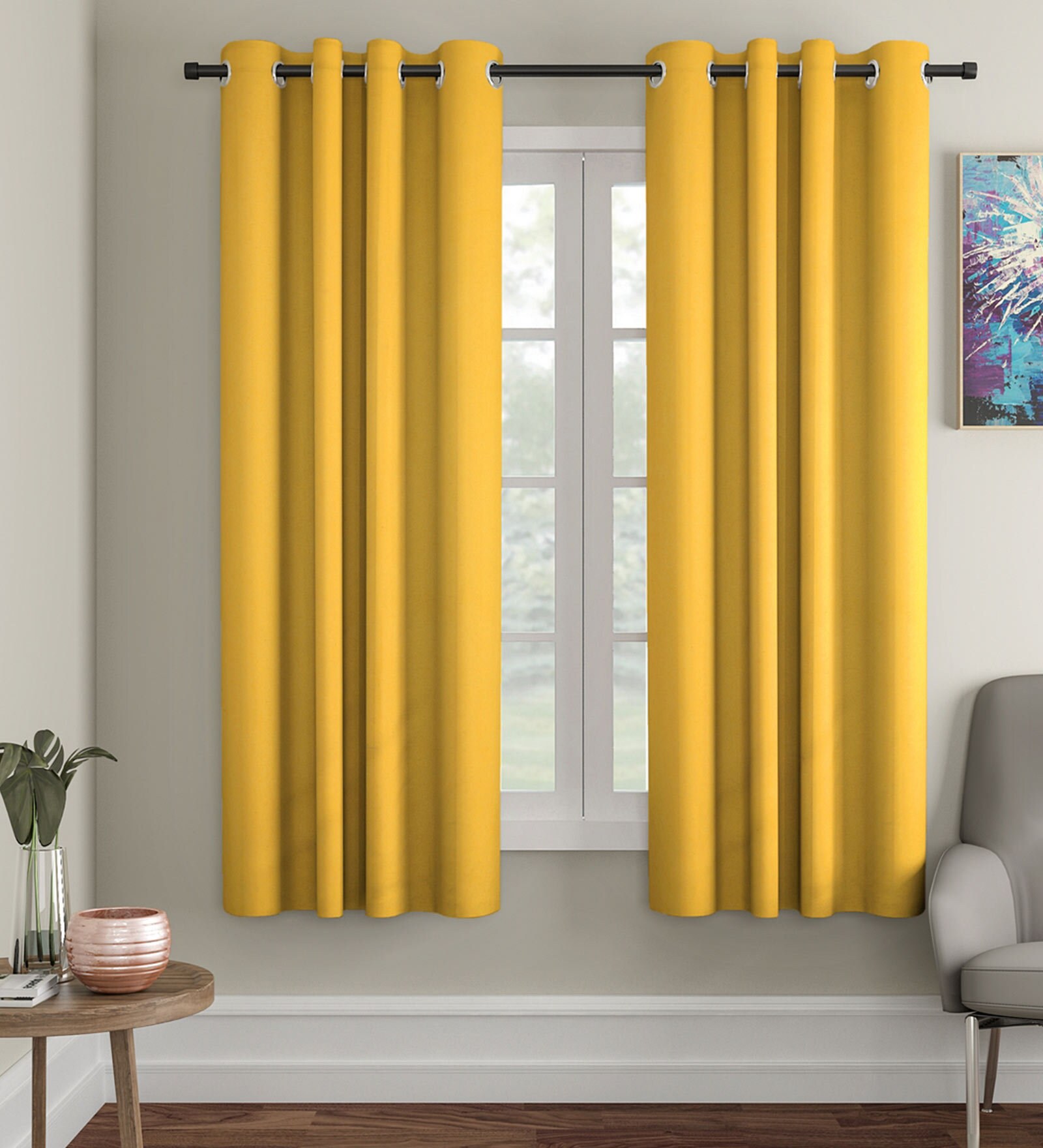 Yellow Solid Cotton 5 Ft Light Filtering Eyelet Window Curtain