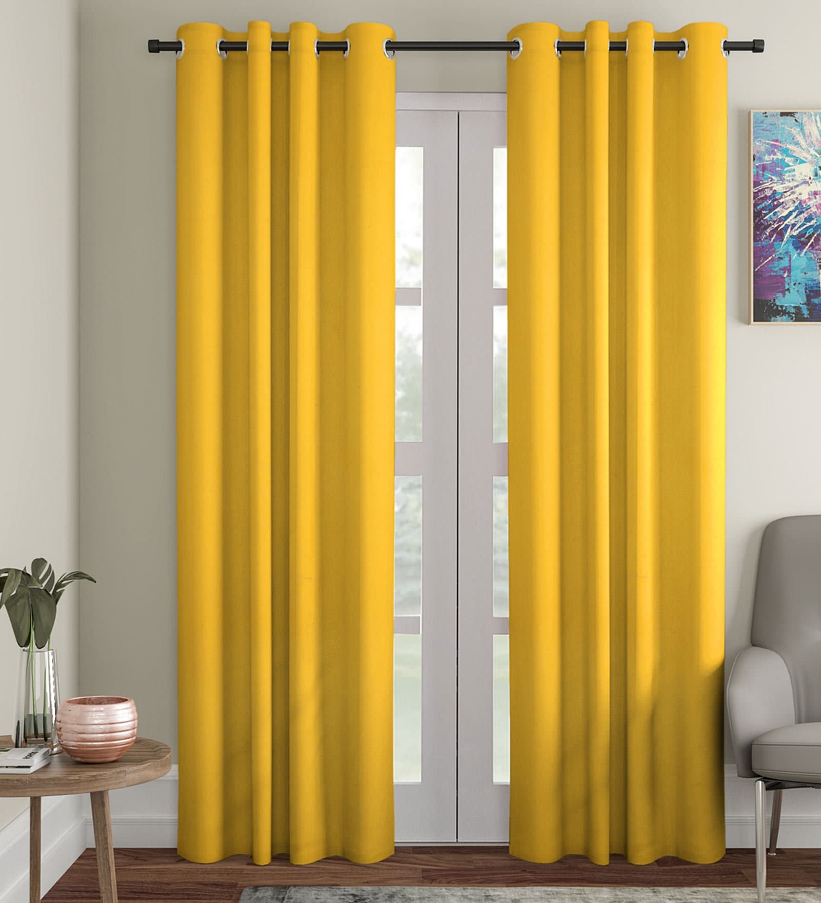 Yellow Solid Cotton 7 Ft Light Filtering Eyelet Door Curtain