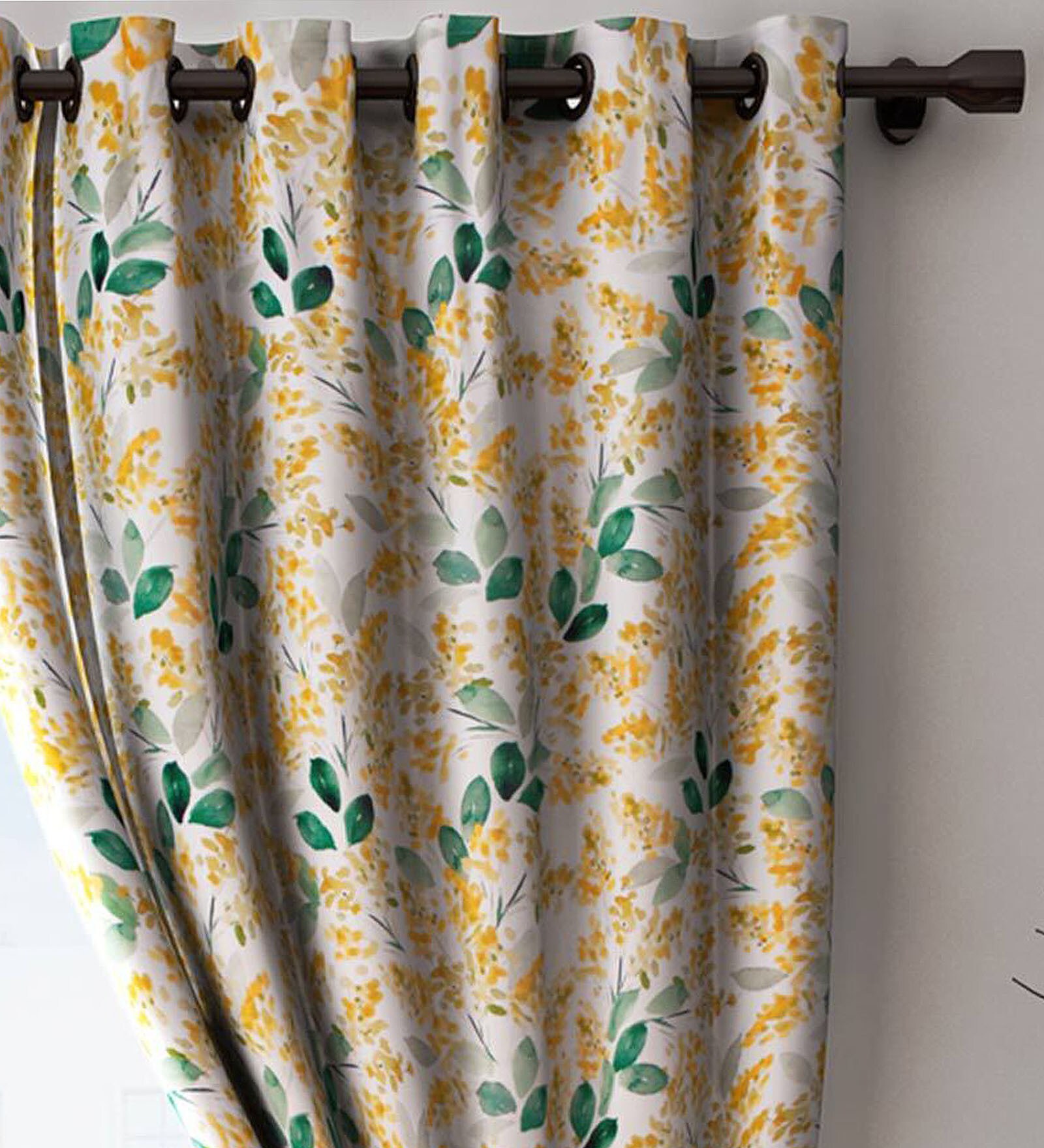Yellow Polyester Floral 7ft Blackout Eyelet 1 Pc Door Curtain