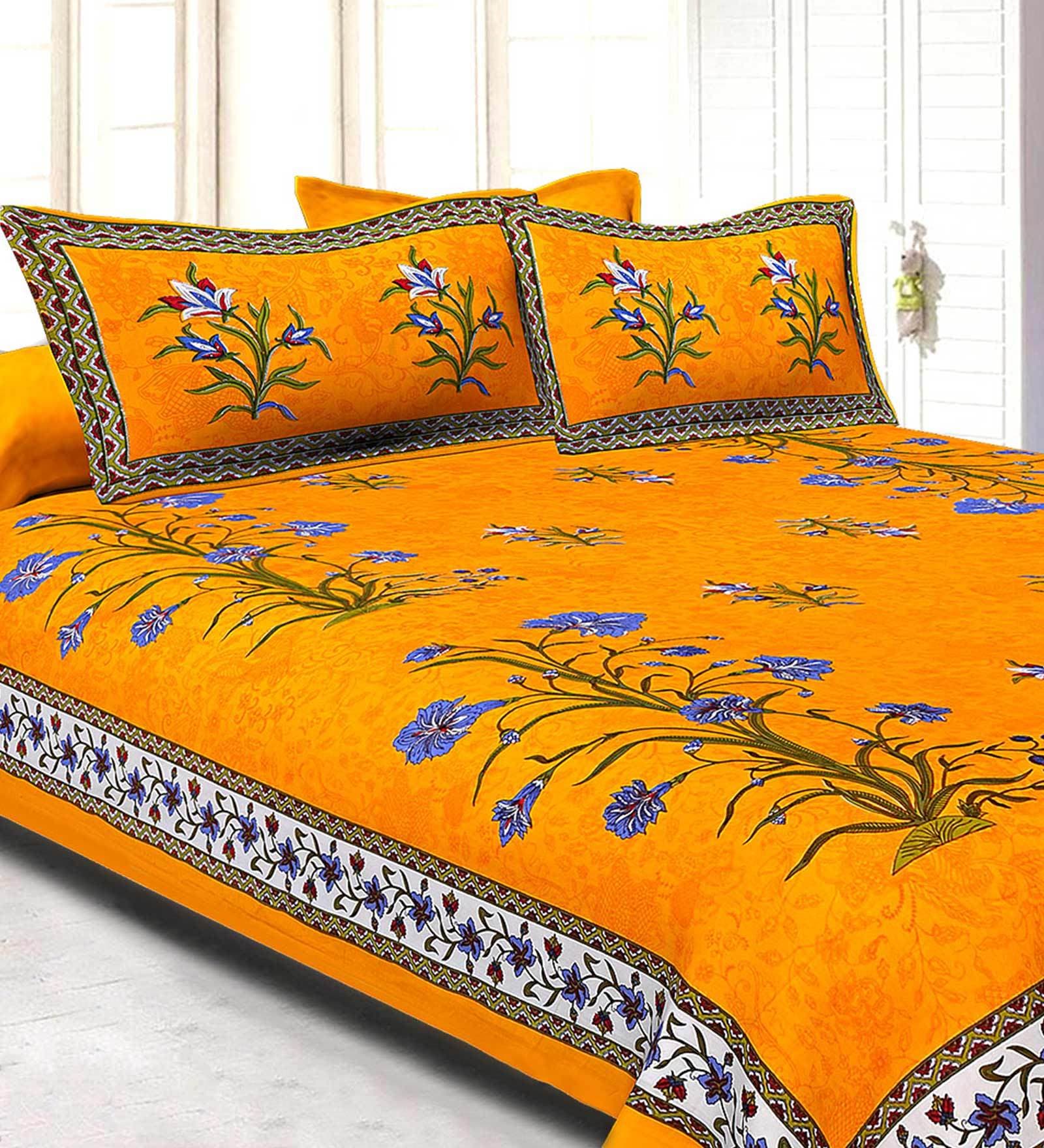 Buy Orange Floral 300 Tc Cotton 1 Double Bedsheet With 2 Pillow Covers By Jaipur Fabric At 40 2514