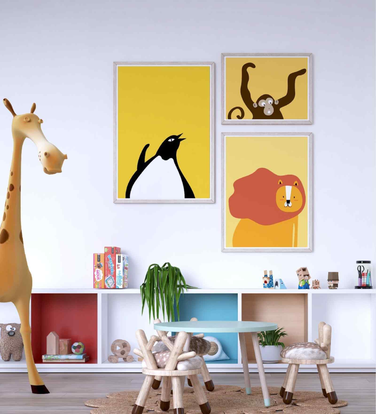 Yellow Canvas Printed Kids Framed 3 Pcs Art Panels