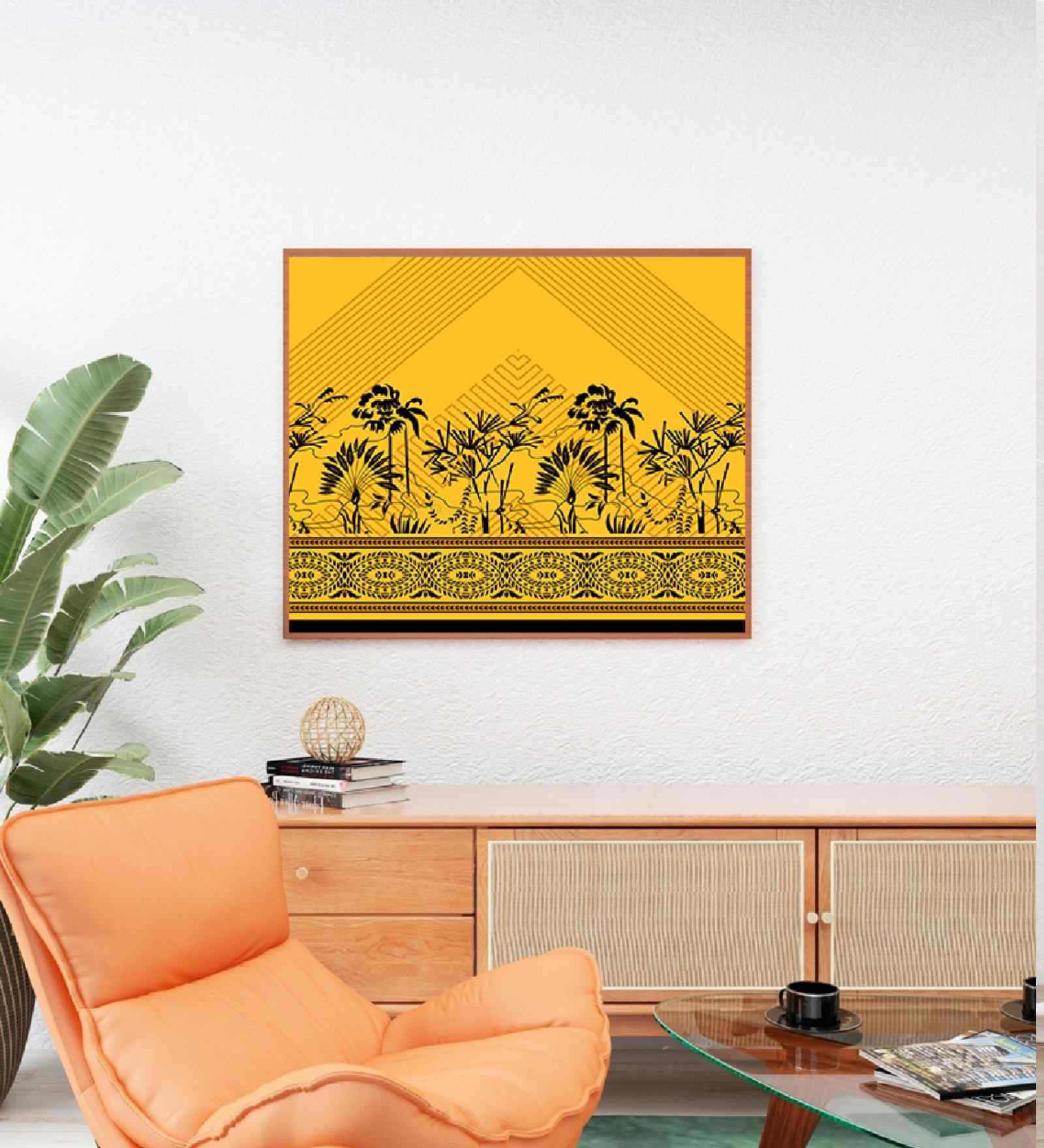 Yellow Canvas Printed Warli Framed Art